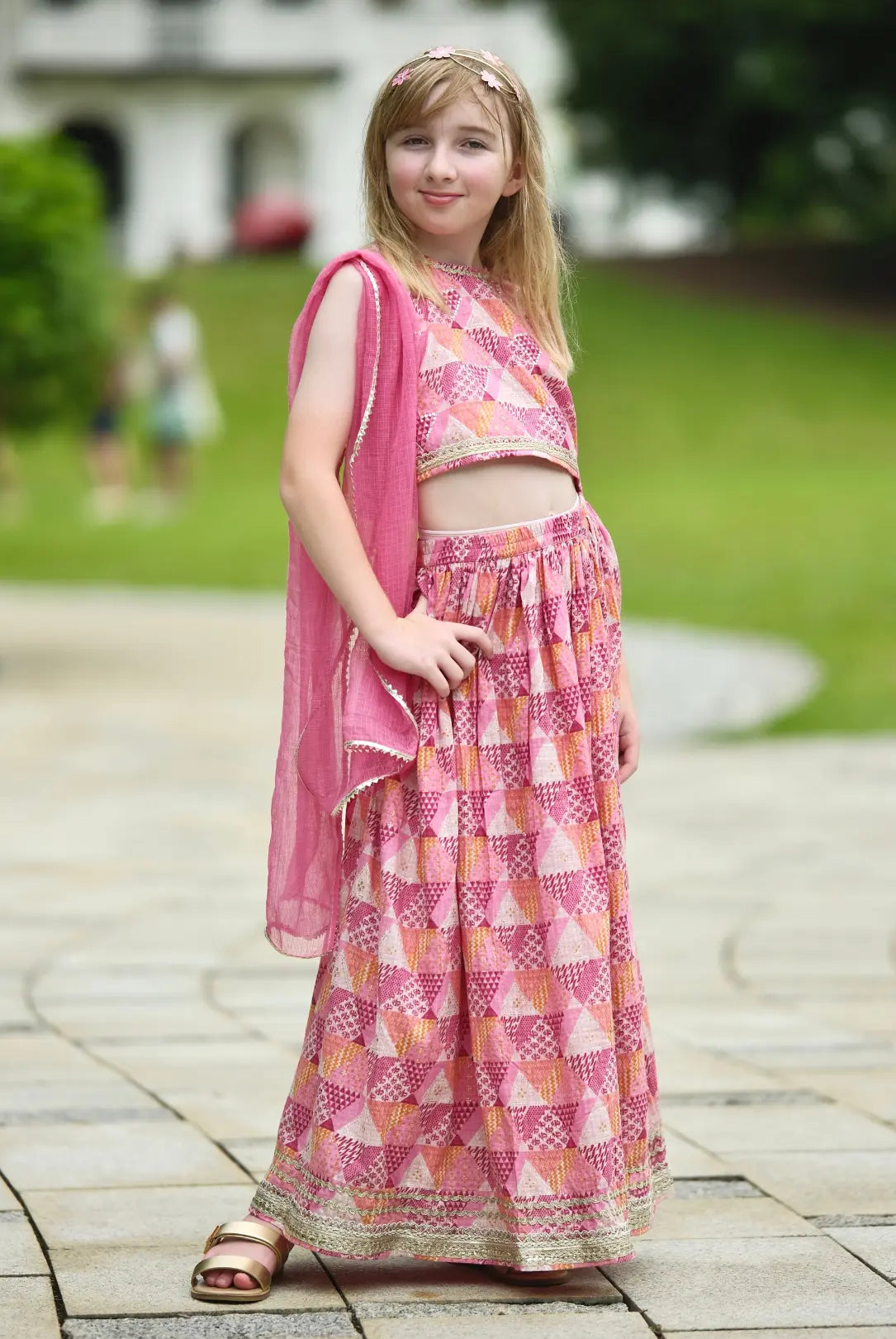 Mehak Pink Girls Sleeveless Sequinned Lehenga Set with Dupatta in Cotton Nimbu