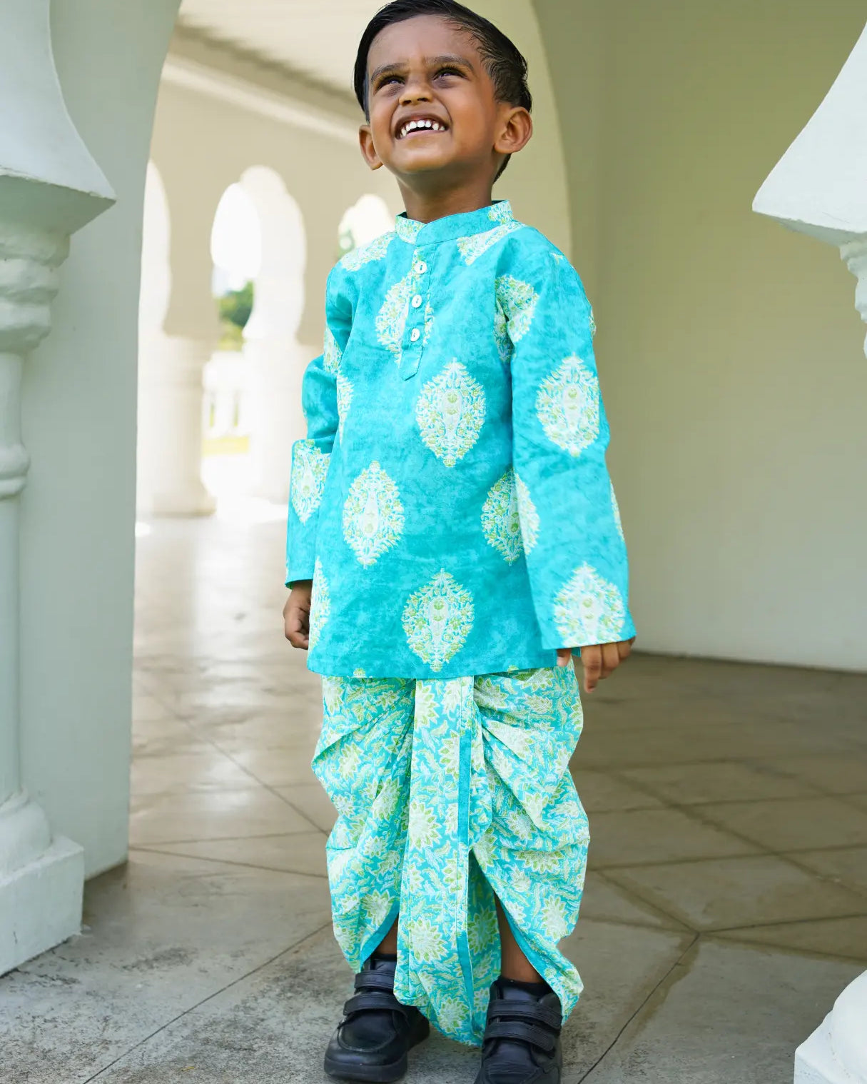 Mira Blue Boys Kurta Dhoti in Cotton Nimbu