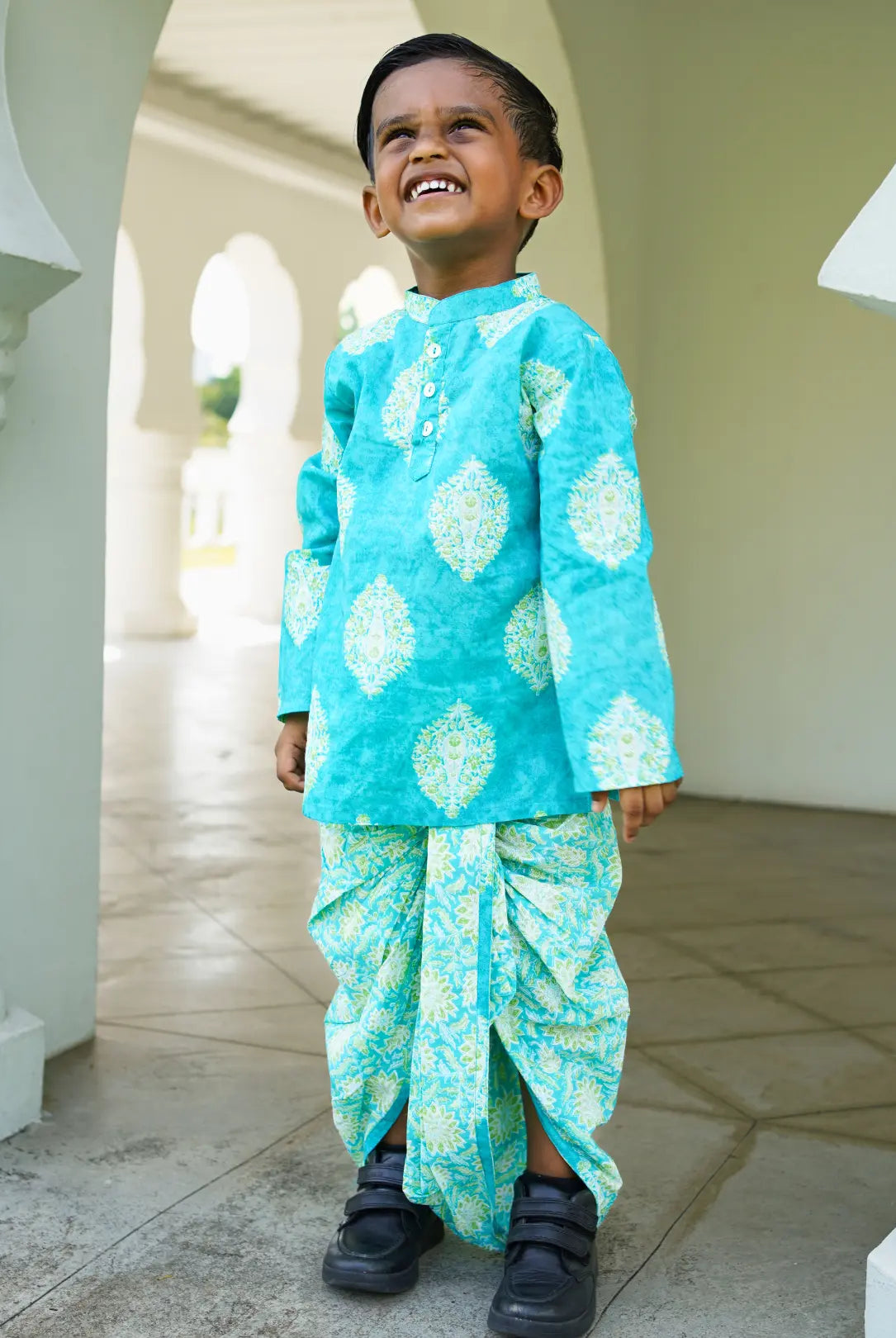 Mira Blue Boys Kurta Dhoti in Cotton Nimbu