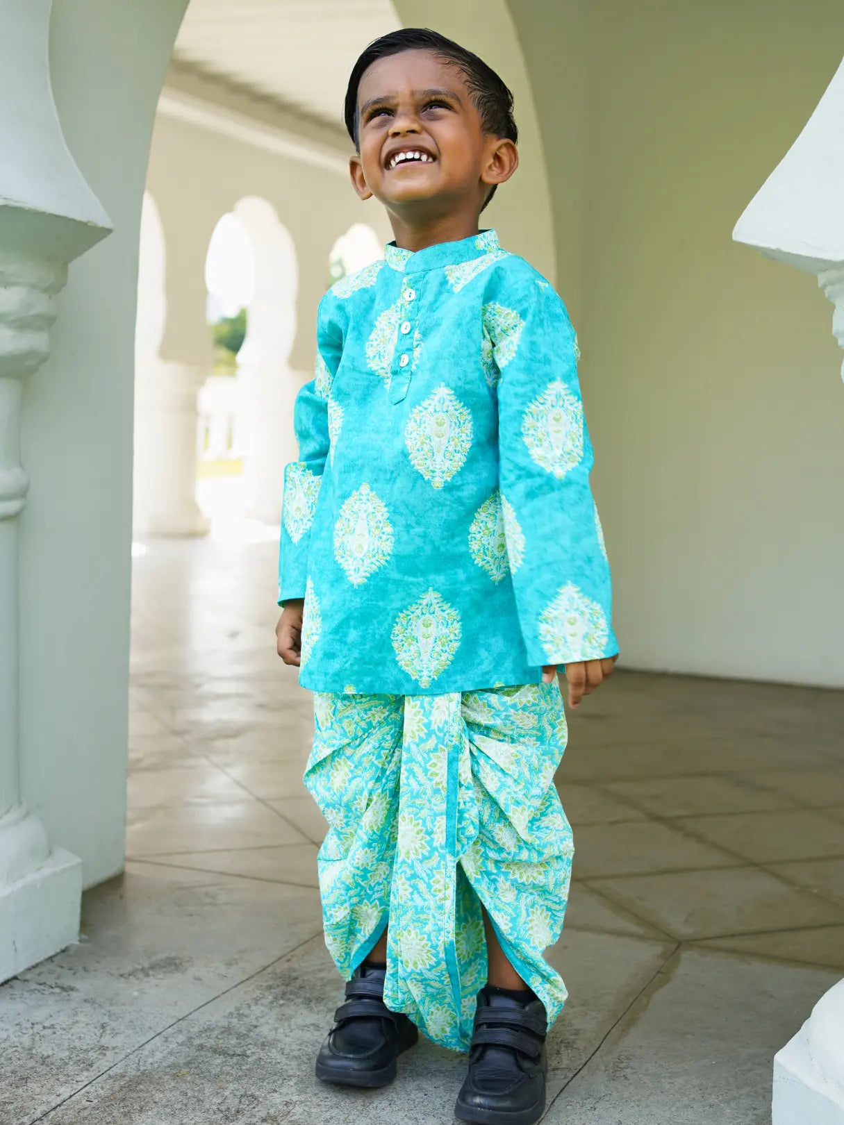 Mira Blue Boys Kurta Dhoti in Cotton Nimbu