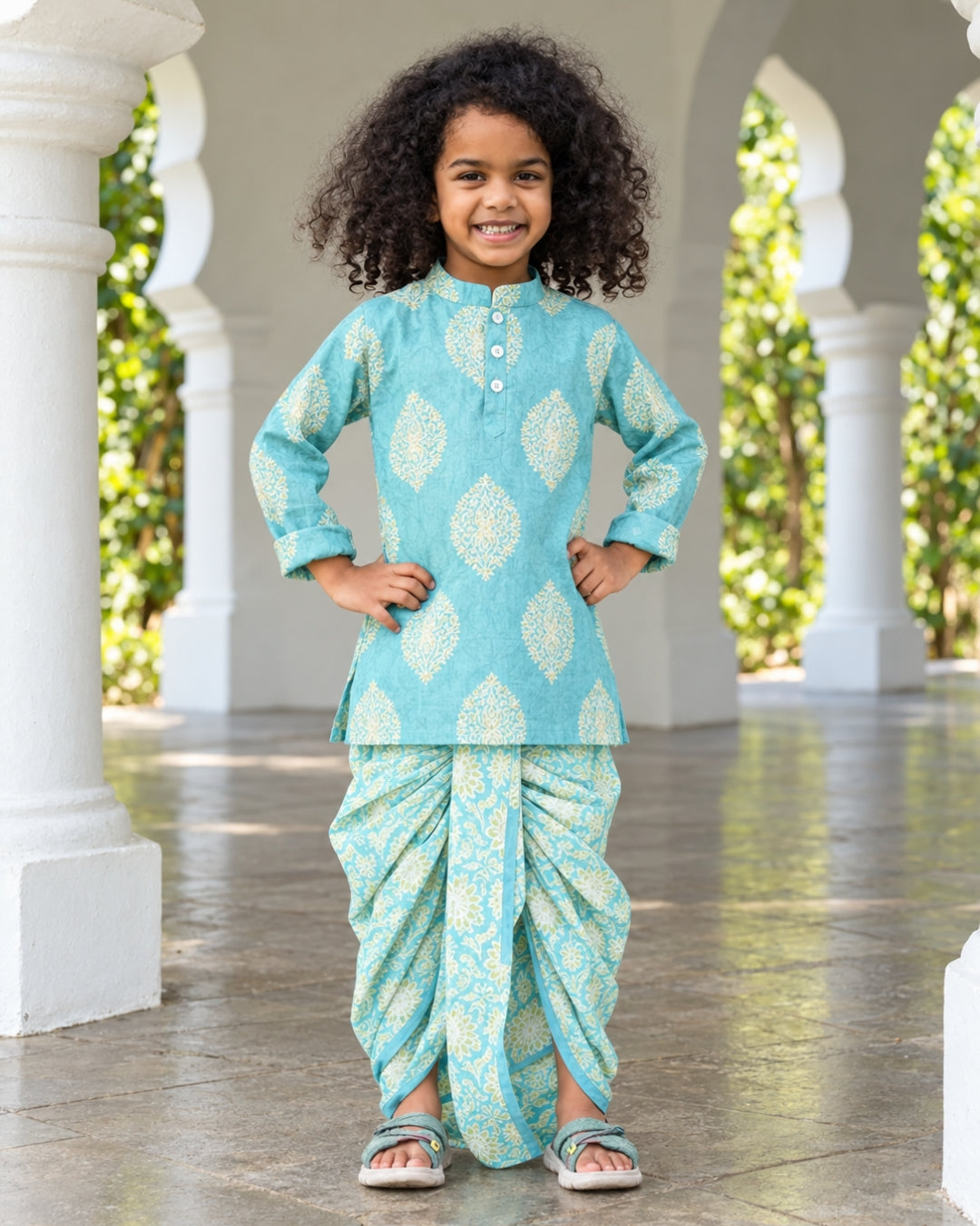 A young child with curly dark hair wearing a light turquoise blue and white printed traditional outfit, standing in front of white architectural columns.