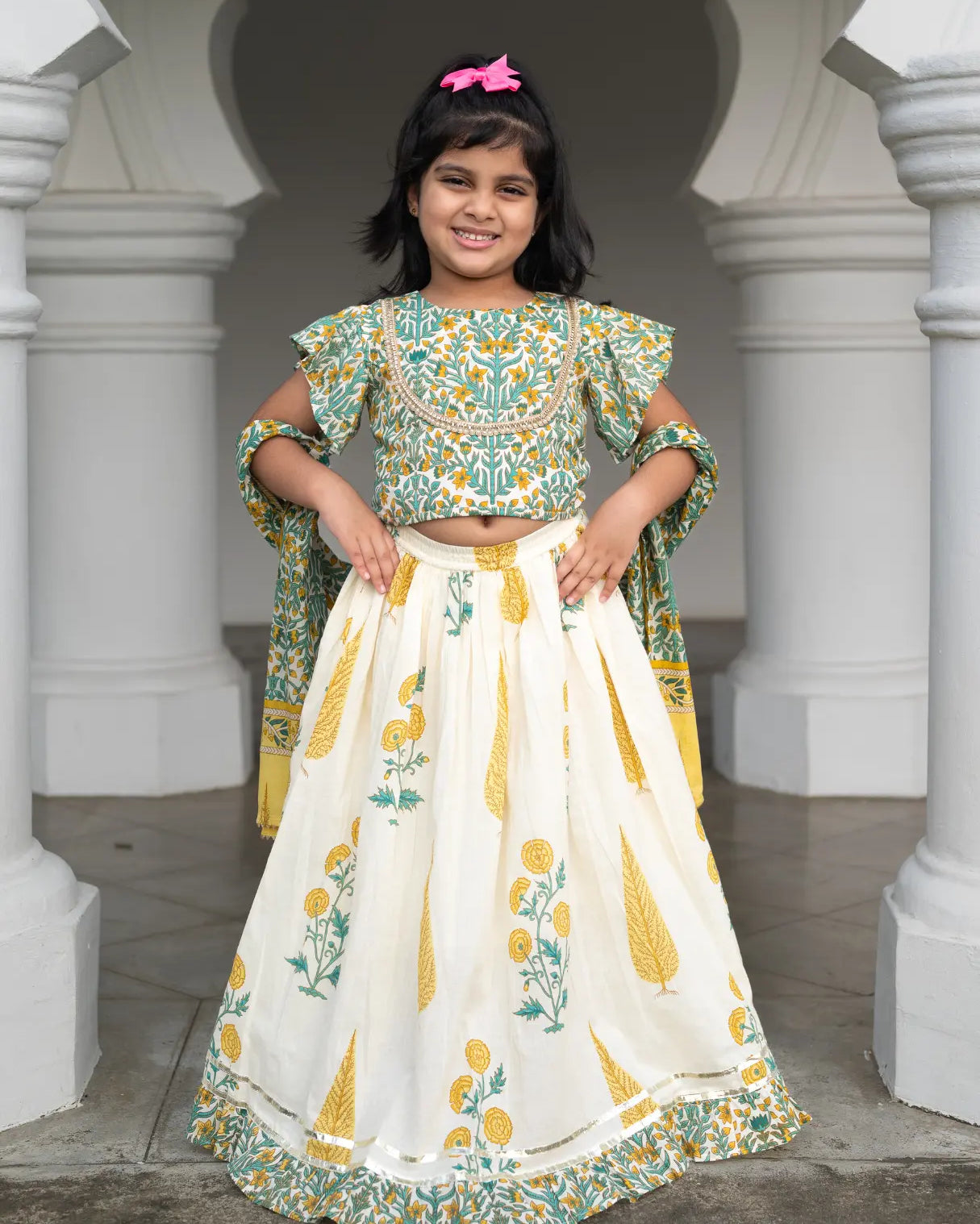 Mira Green Girls Lehenga Choli Skirt Top in Cotton Nimbu