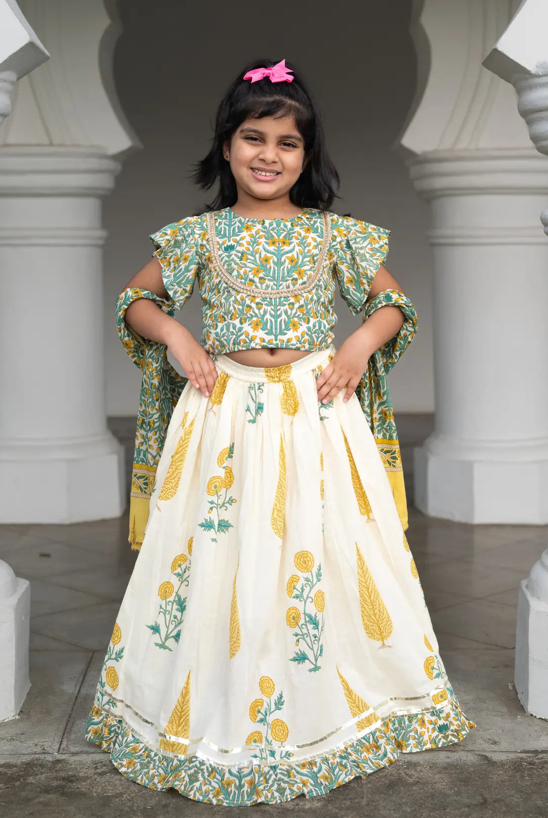Mira Green Girls Lehenga Choli Skirt Top in Cotton Nimbu