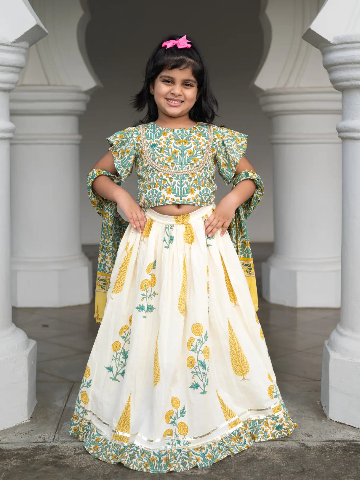 Mira Green Girls Lehenga Choli Skirt Top in Cotton Nimbu