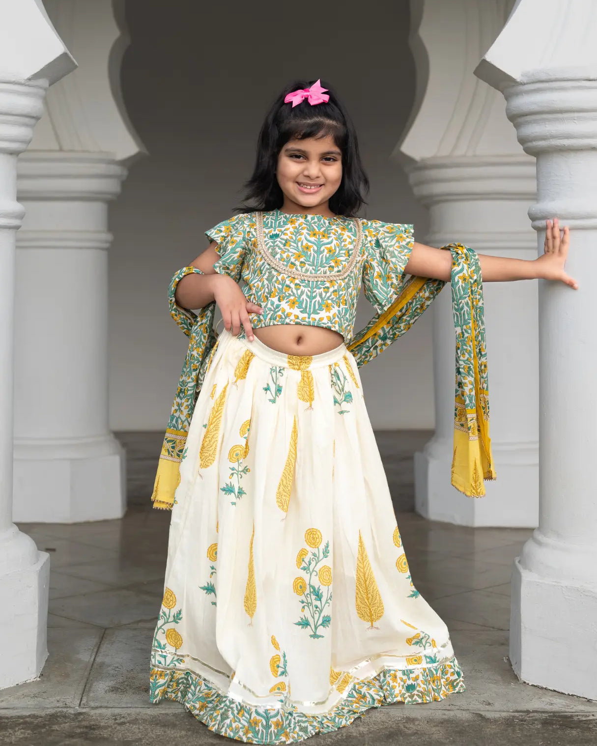 Mira Green Girls Lehenga Choli Skirt Top in Cotton Nimbu