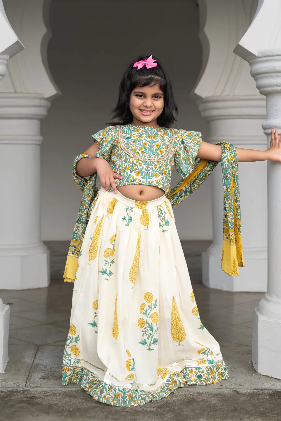 Mira Green Girls Lehenga Choli Skirt Top in Cotton Nimbu