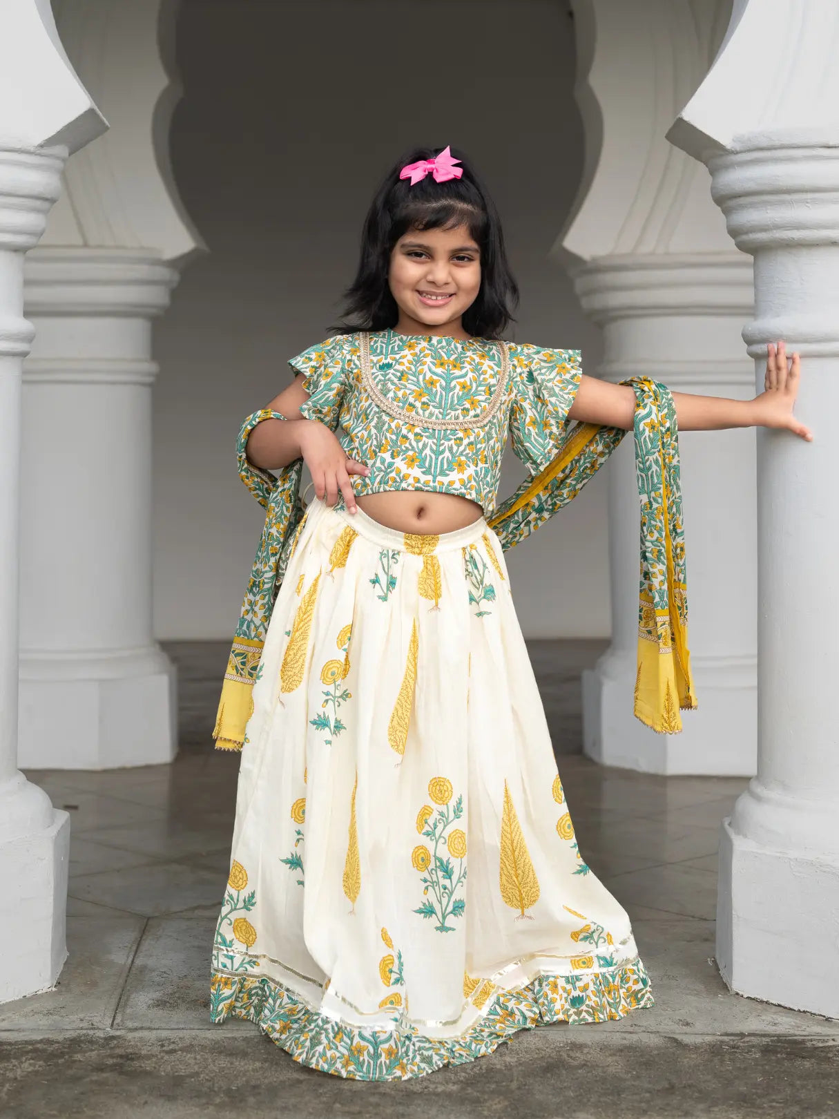 Mira Green Girls Lehenga Choli Skirt Top in Cotton Nimbu
