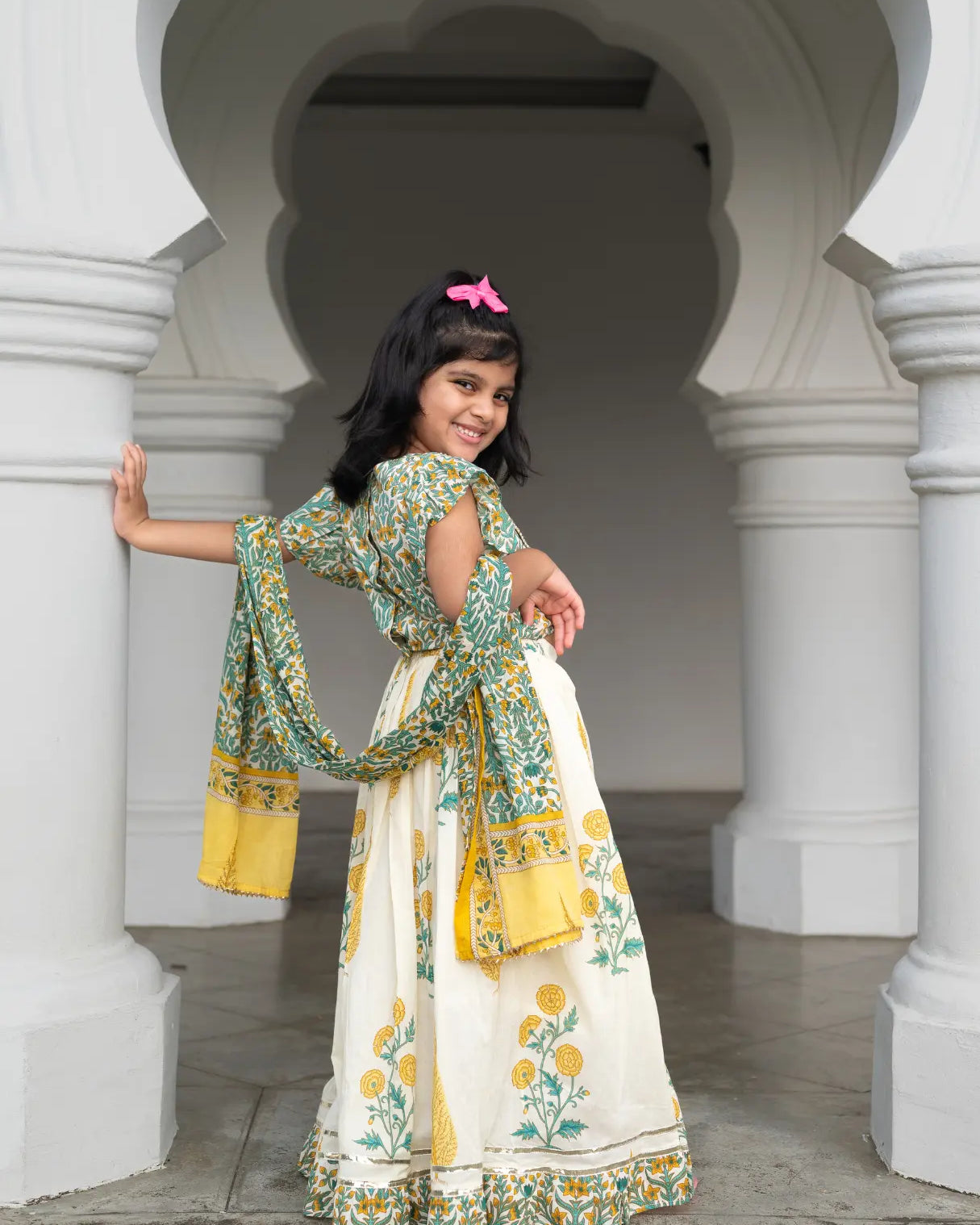 Mira Green Girls Lehenga Choli Skirt Top in Cotton Nimbu