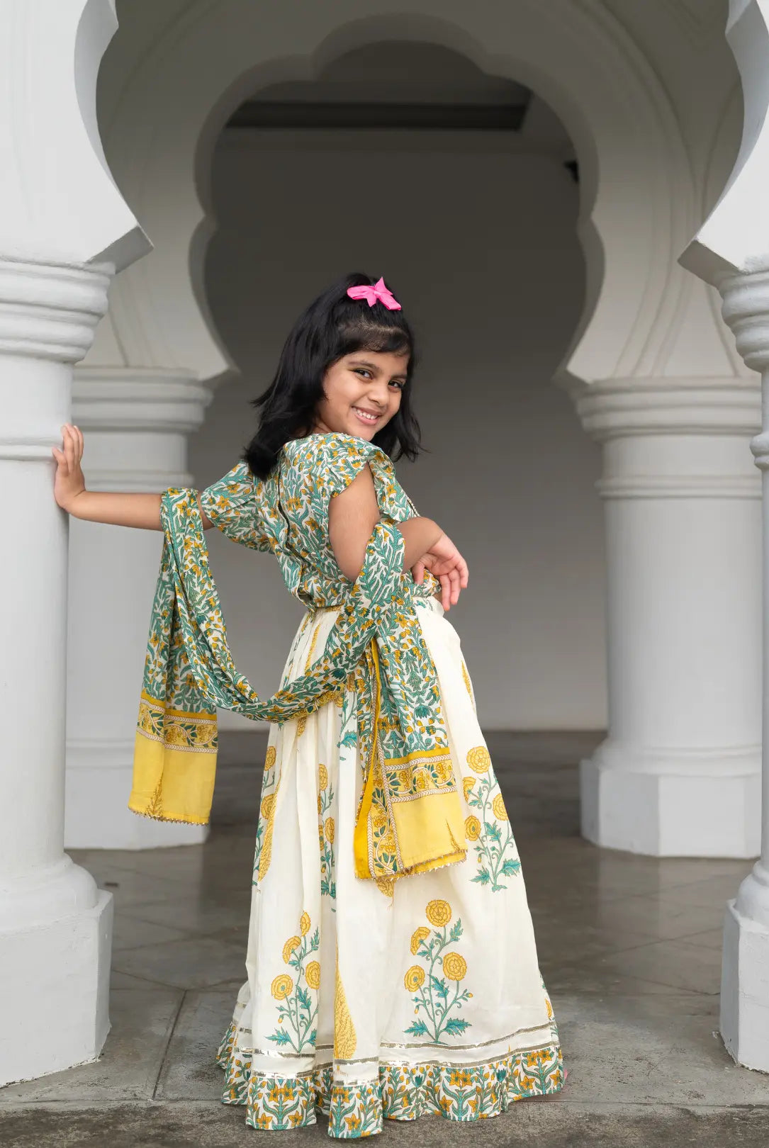 Mira Green Girls Lehenga Choli Skirt Top in Cotton Nimbu