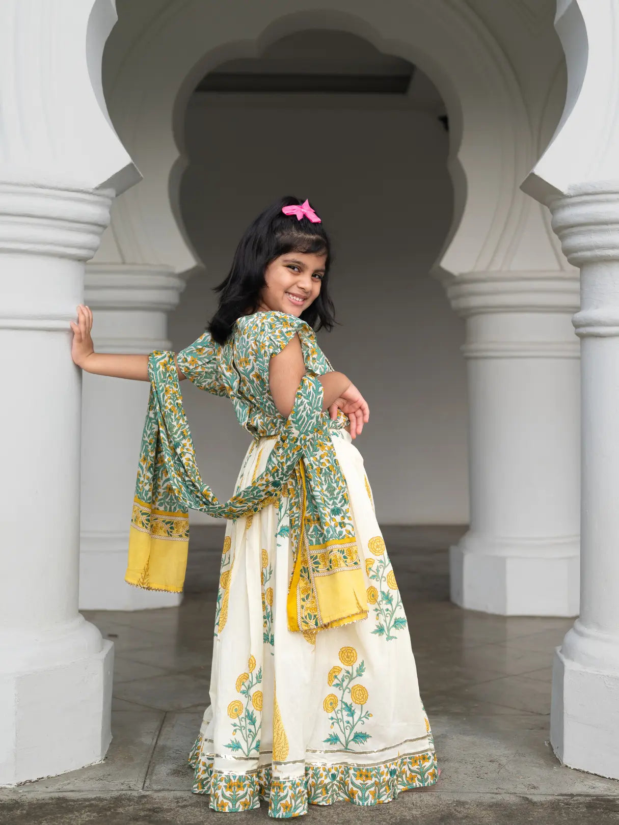 Mira Green Girls Lehenga Choli Skirt Top in Cotton Nimbu