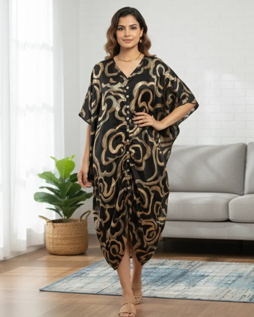 Mira Noir Women Short Kaftan in Cotton Nimbu