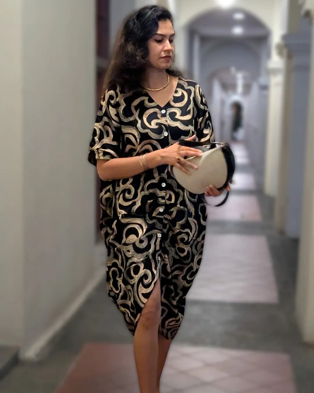 Mira Noir Women Short Kaftan in Cotton Nimbu