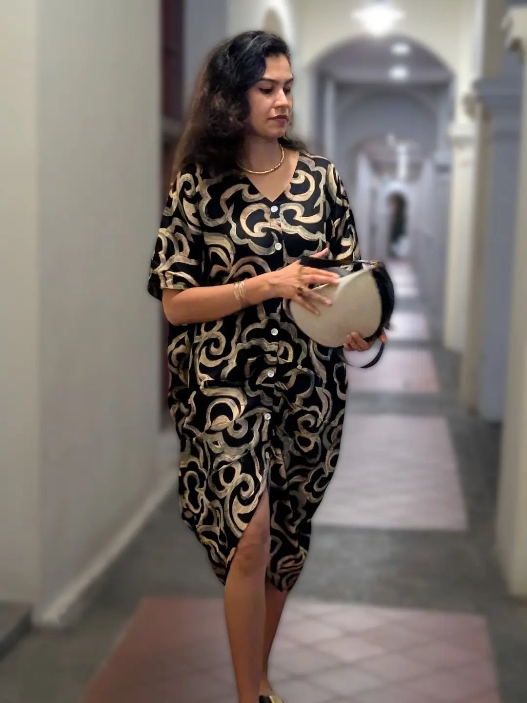 Mira Noir Women Short Kaftan in Cotton Nimbu