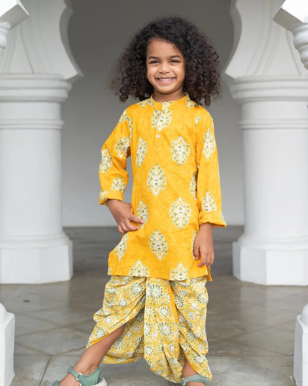 Mira Yellow Boys Kurta Dhoti in Cotton Nimbu