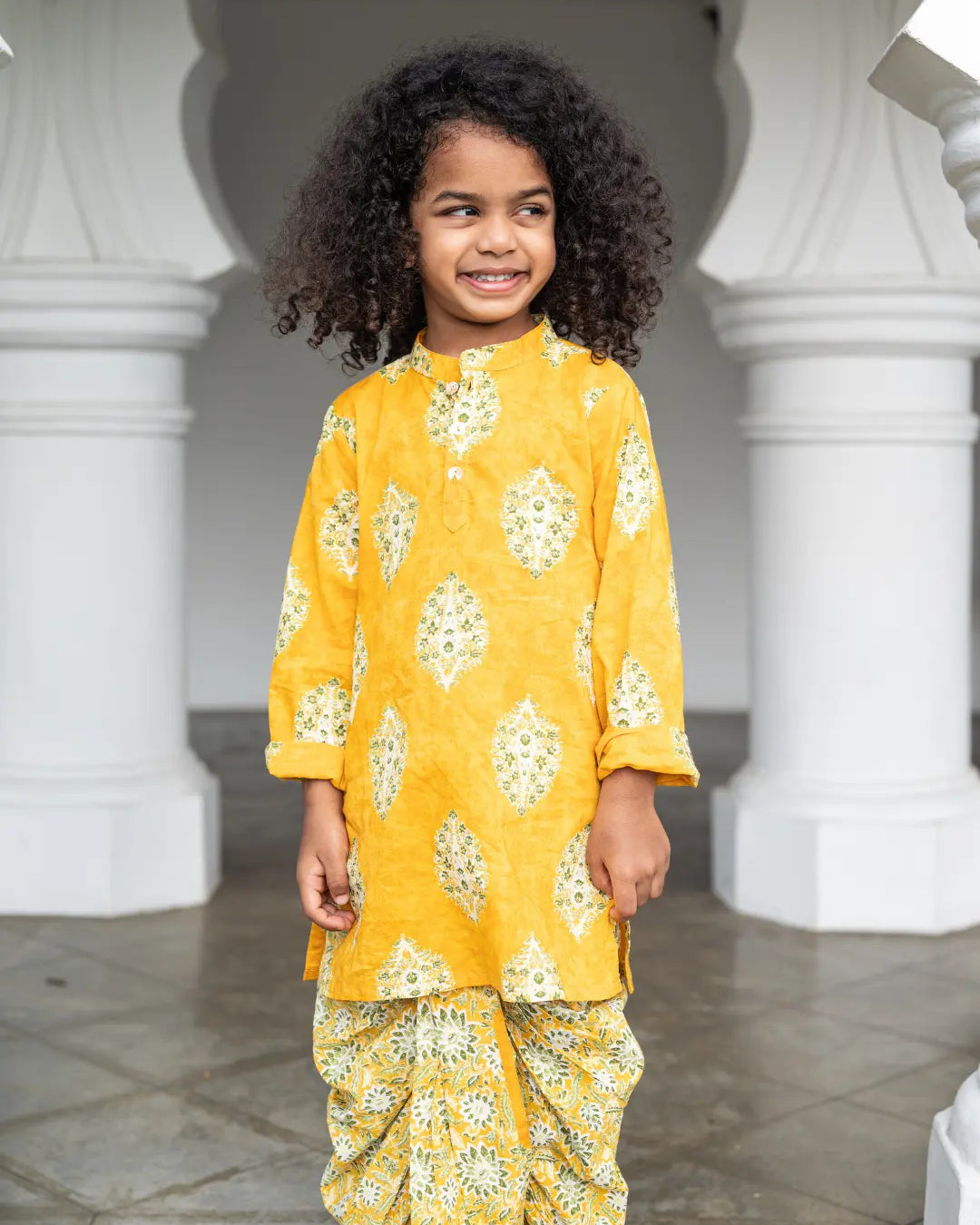 Mira Yellow Boys Kurta Dhoti in Cotton Nimbu