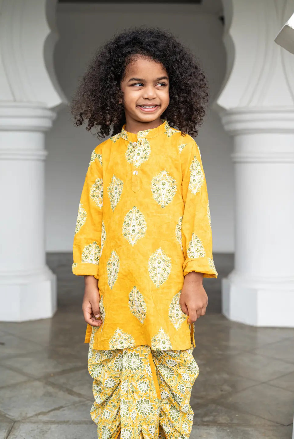 Mira Yellow Boys Kurta Dhoti in Cotton Nimbu