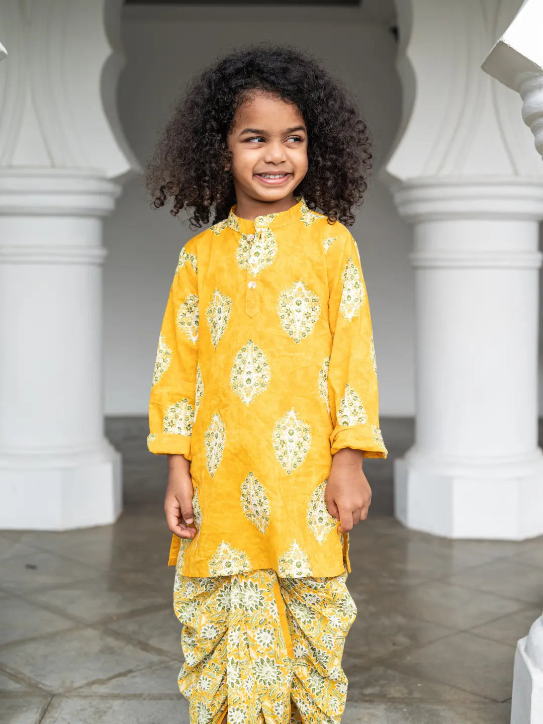 Mira Yellow Boys Kurta Dhoti in Cotton Nimbu