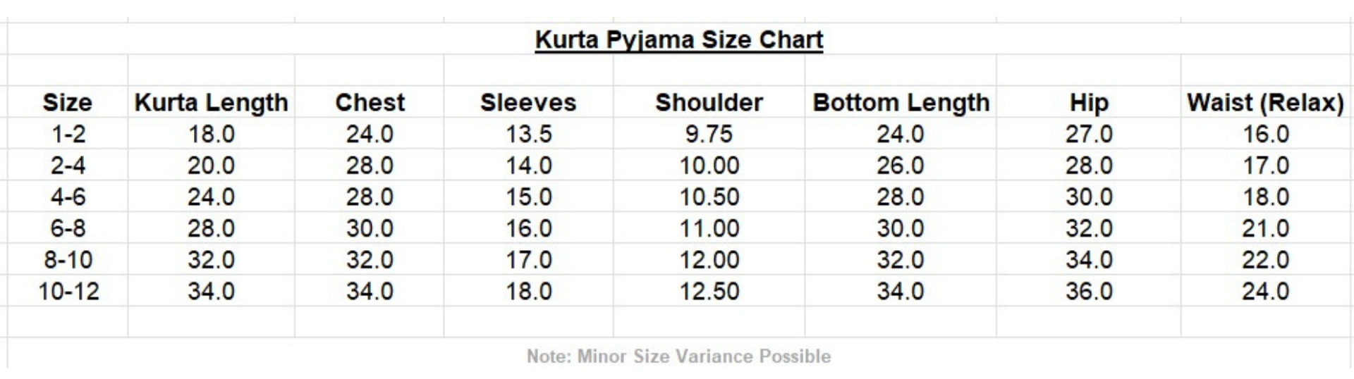 kurta pajama Size Chart
