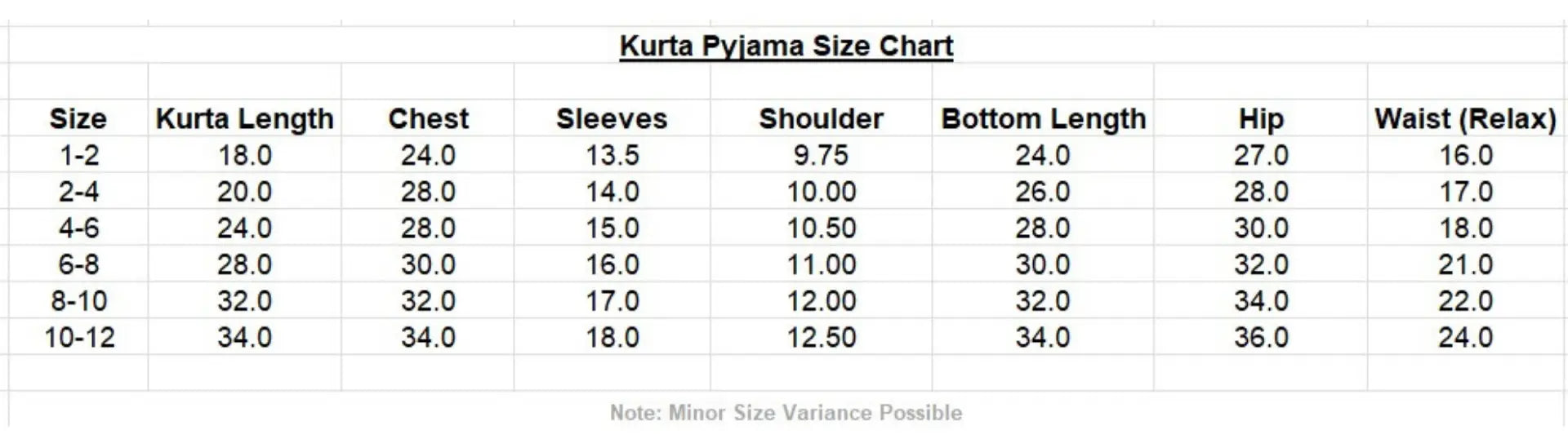 kurta pajama Size Chart