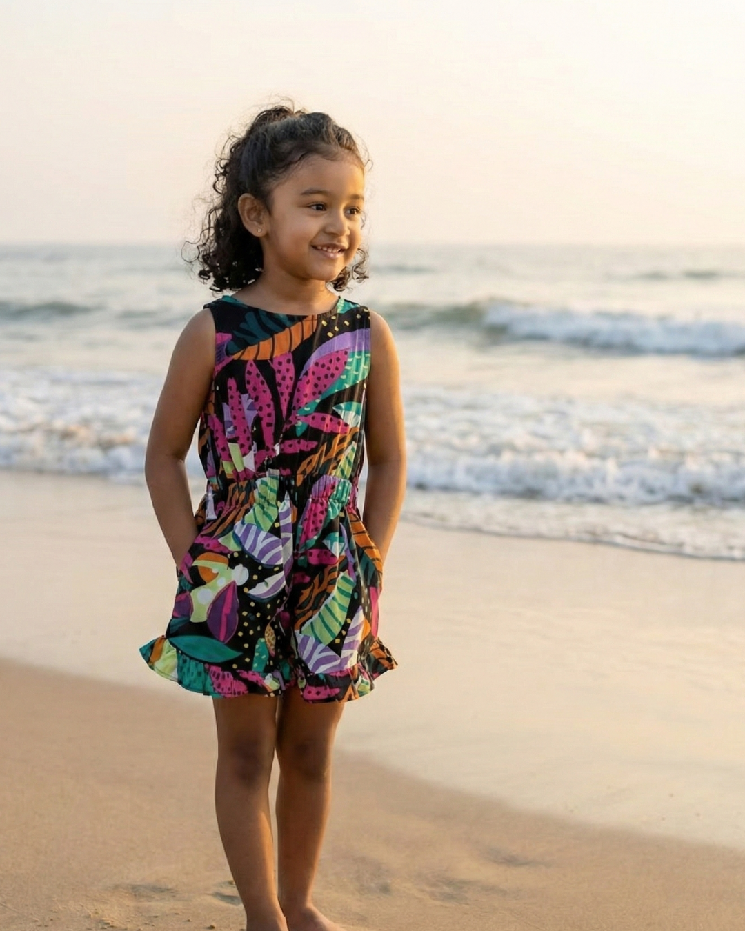 Starry Night Girls Playsuit in Cotton in Black Nimbu