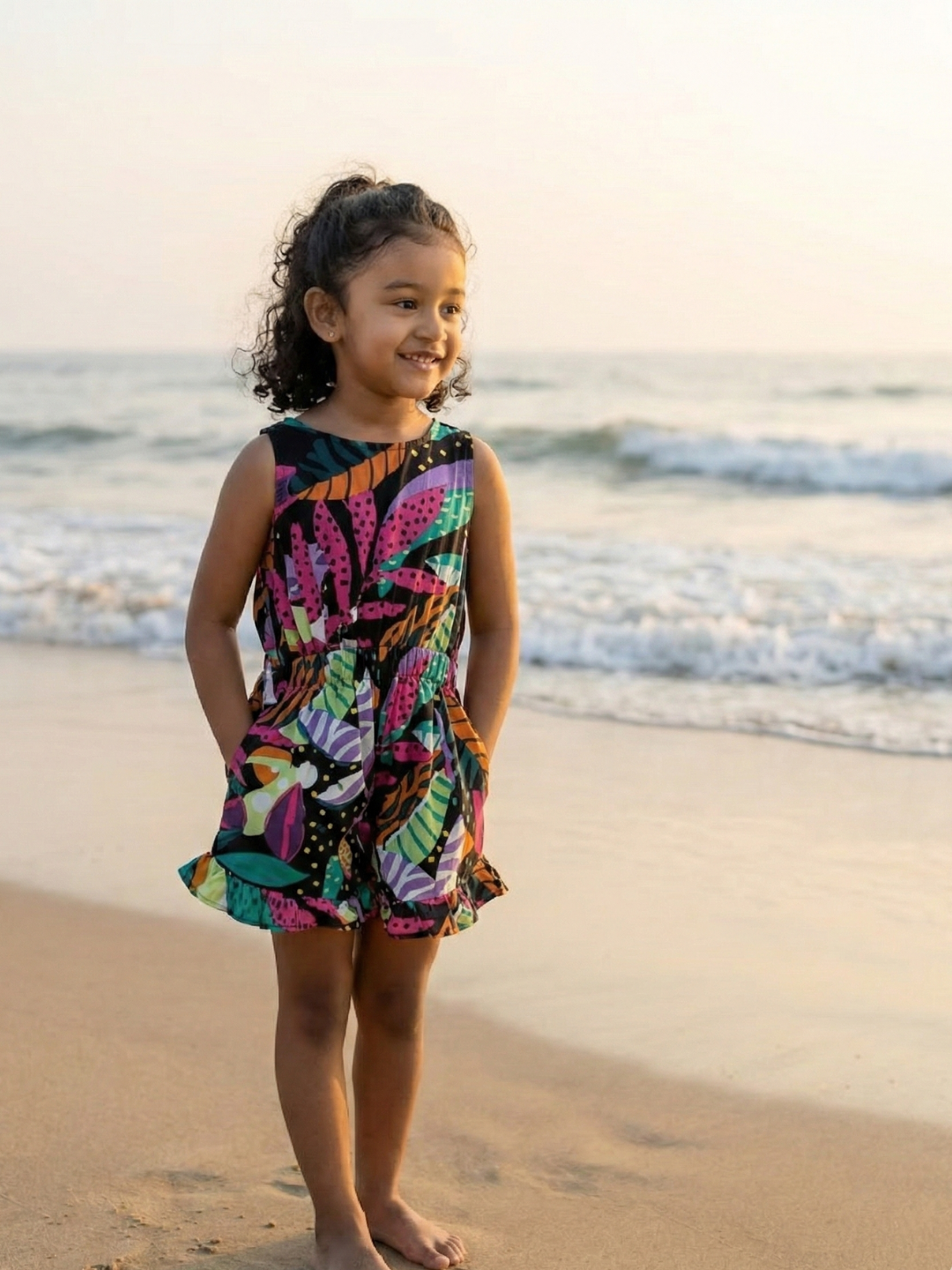 Moana Starry Night Girls Playsuit in Cotton in Black Nimbu