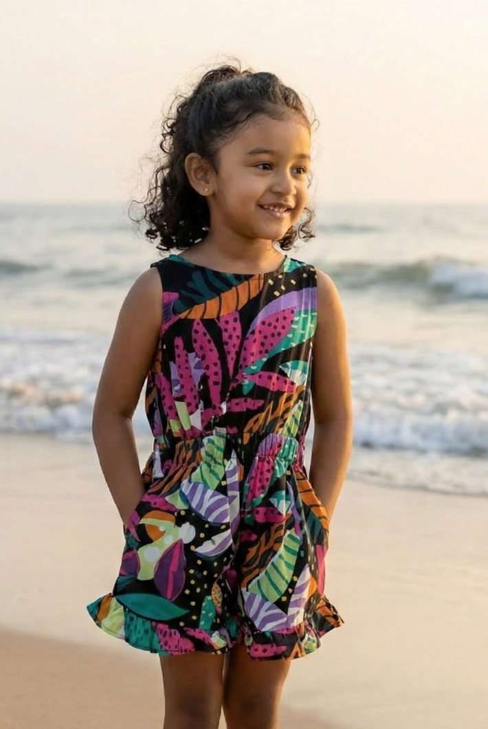 Moana Starry Night Girls Playsuit in Cotton in Black Nimbu