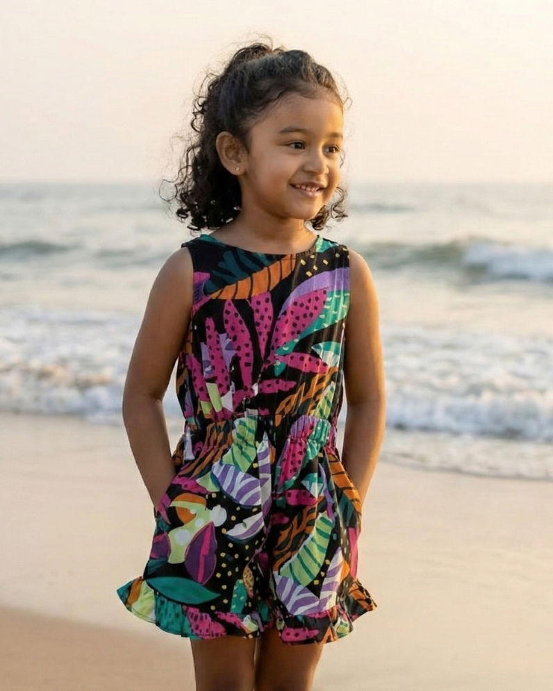 Starry Night Girls Playsuit in Cotton in Black Nimbu