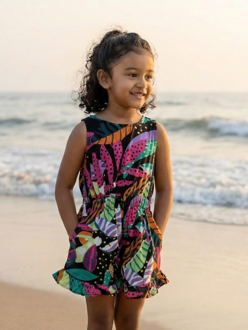 Moana Starry Night Girls Playsuit in Cotton in Black Nimbu