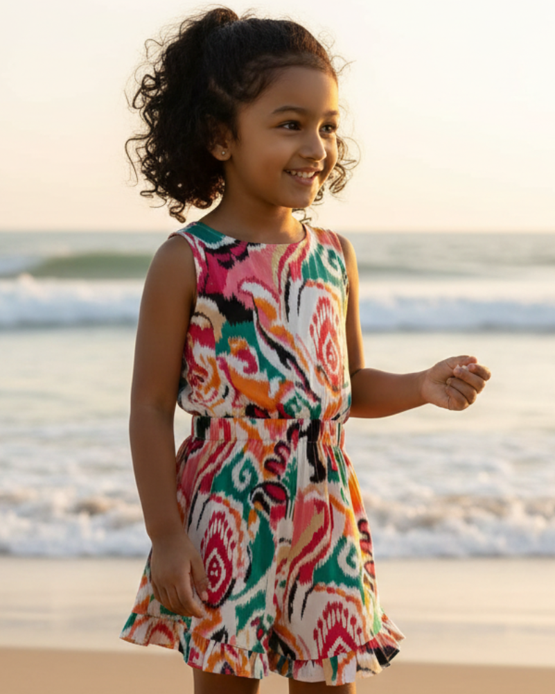 White Rainbow Girls Playsuit in Cotton Nimbu