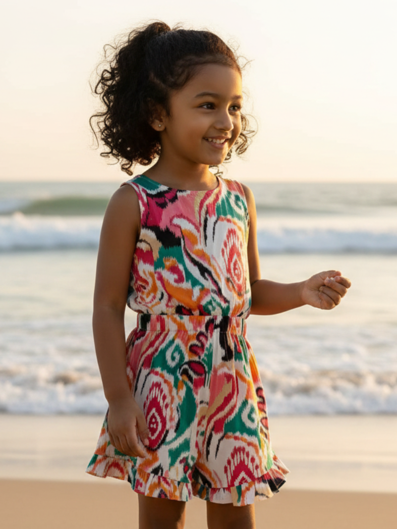 Moana White Rainbow Girls Playsuit in Cotton Nimbu