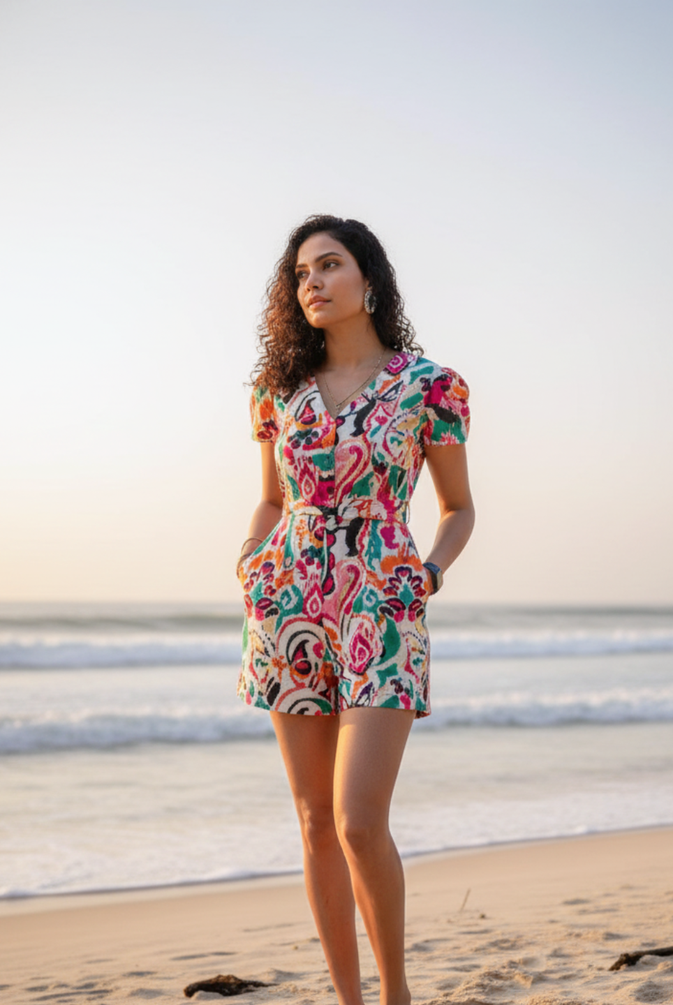 Moana White Rainbow Women's Playsuit in Cotton Nimbu