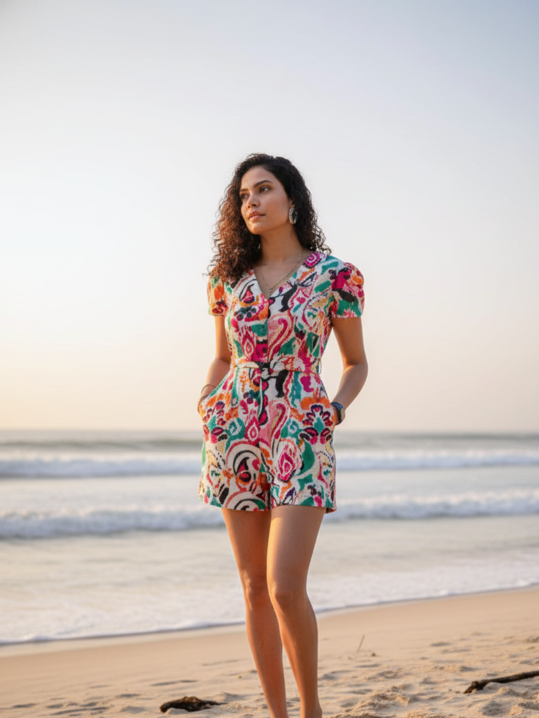 Moana White Rainbow Women's Playsuit in Cotton Nimbu