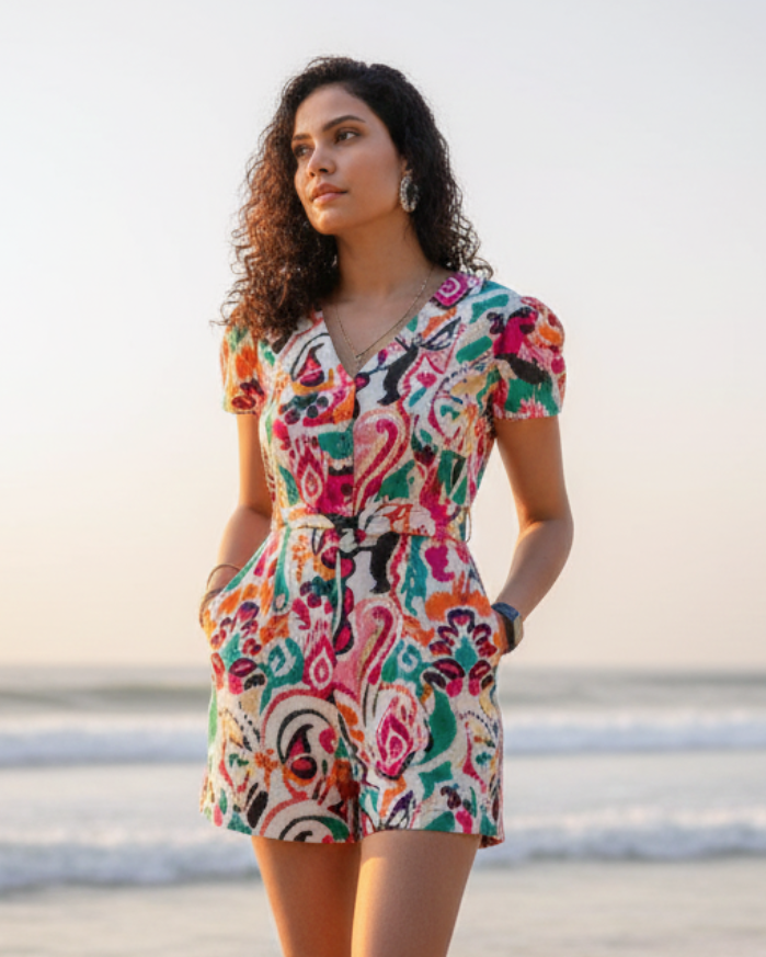 White Rainbow Women's Playsuit in Cotton Nimbu