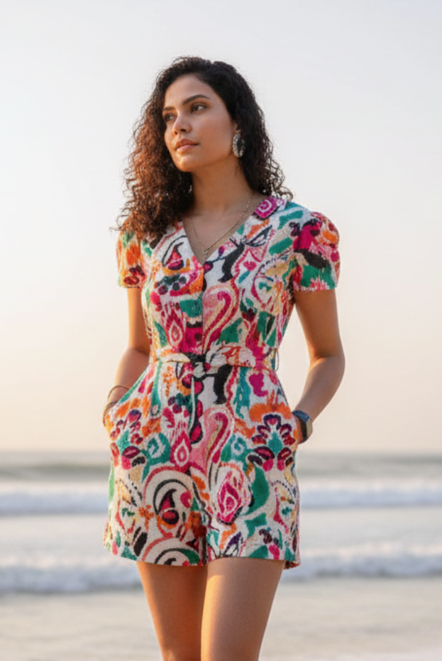 Moana White Rainbow Women's Playsuit in Cotton Nimbu