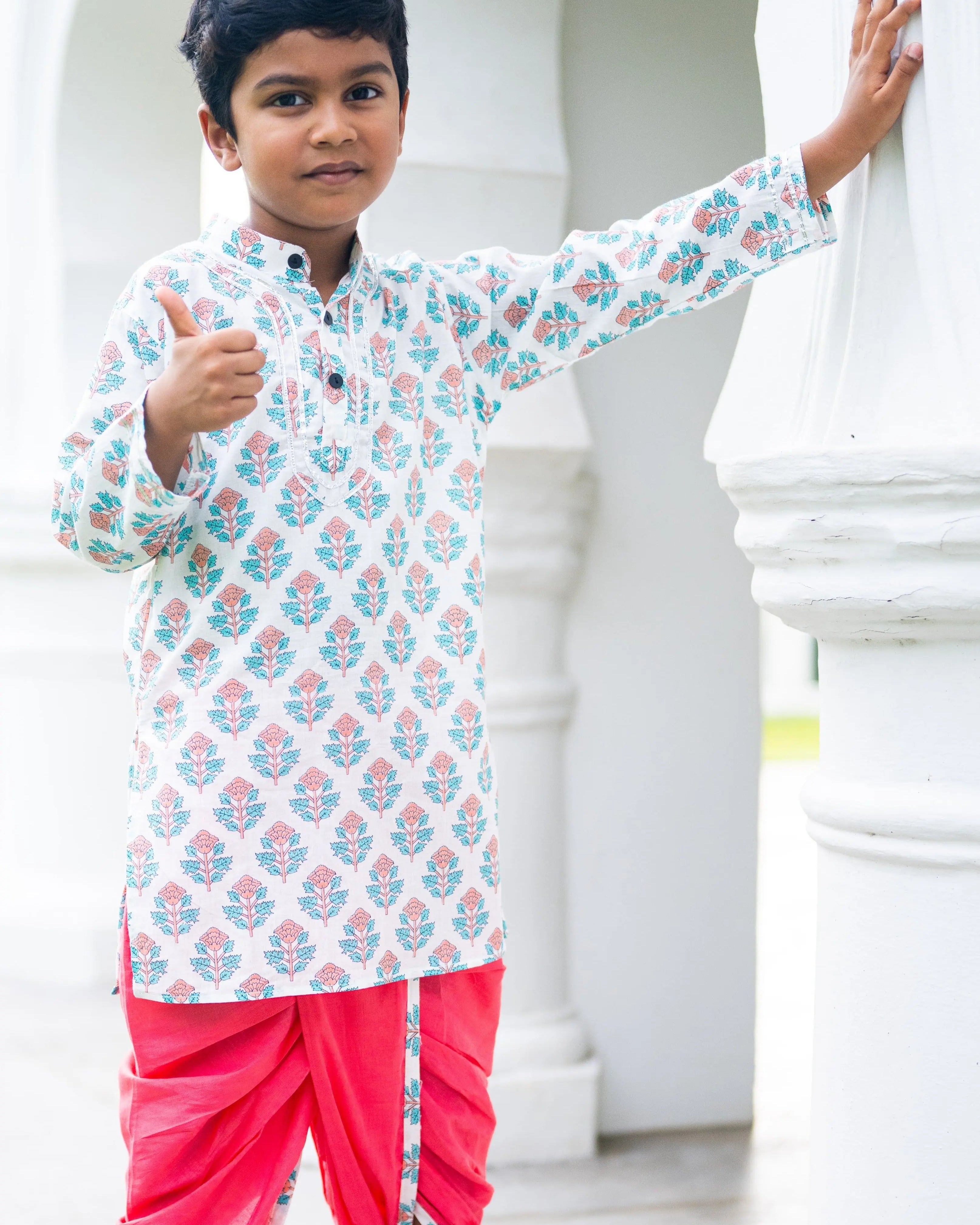 Jaipur Floral Boys' Kurta Dhoti set Nimbu