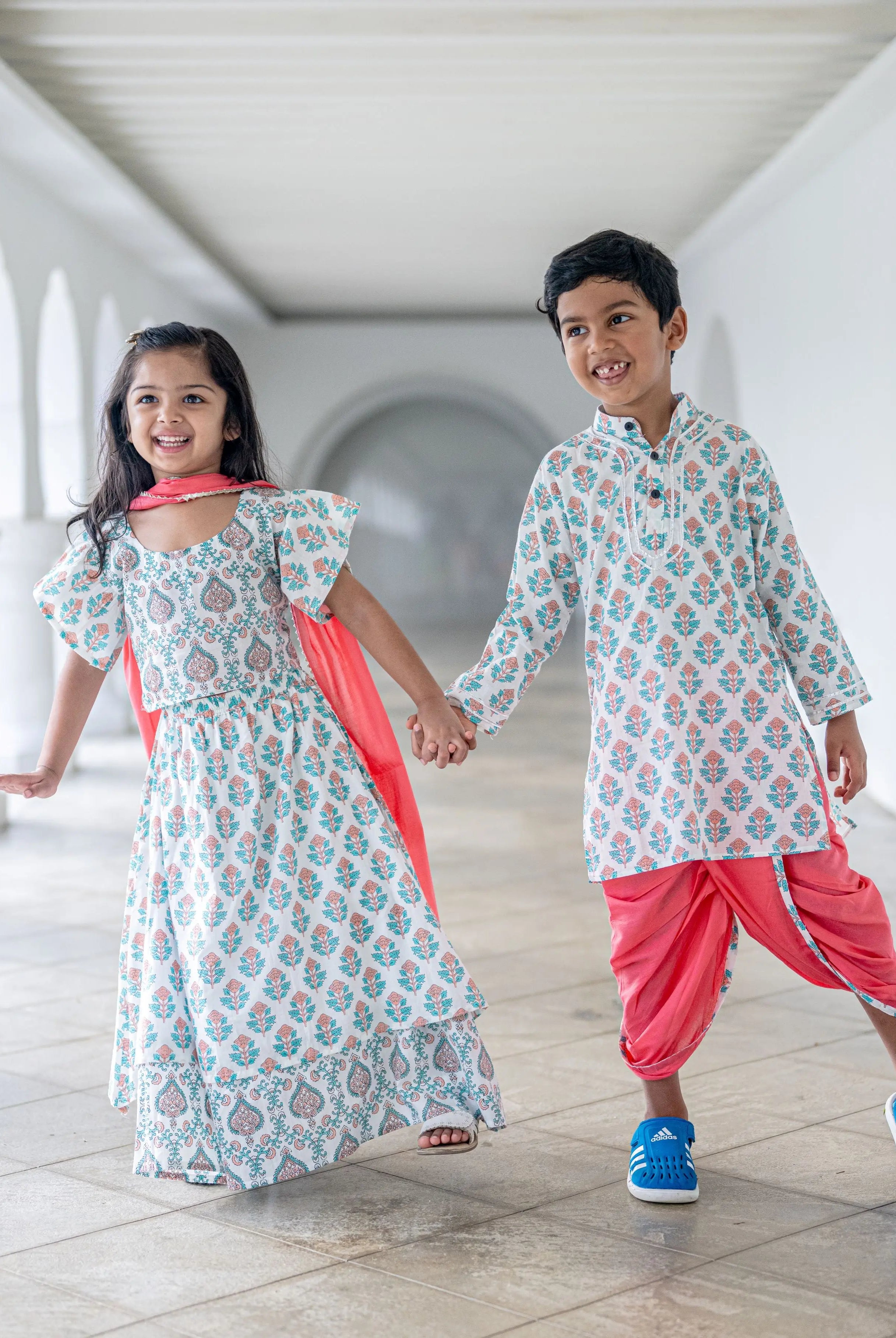 Jaipur Floral Girls Lehenga Skirt Blouse in White & Pink Nimbu