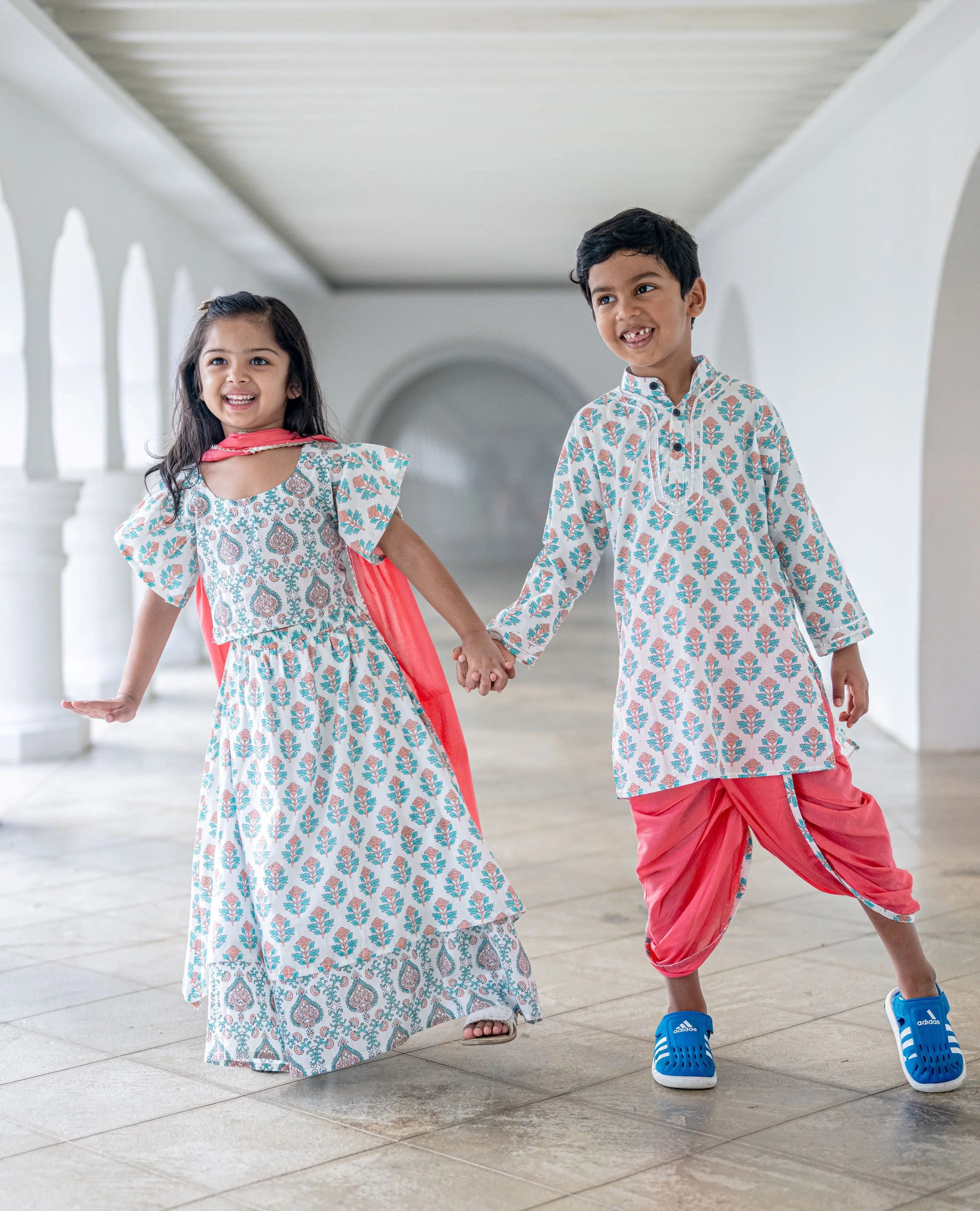 Jaipur Floral Girls Lehenga Skirt Blouse in White & Pink Nimbu