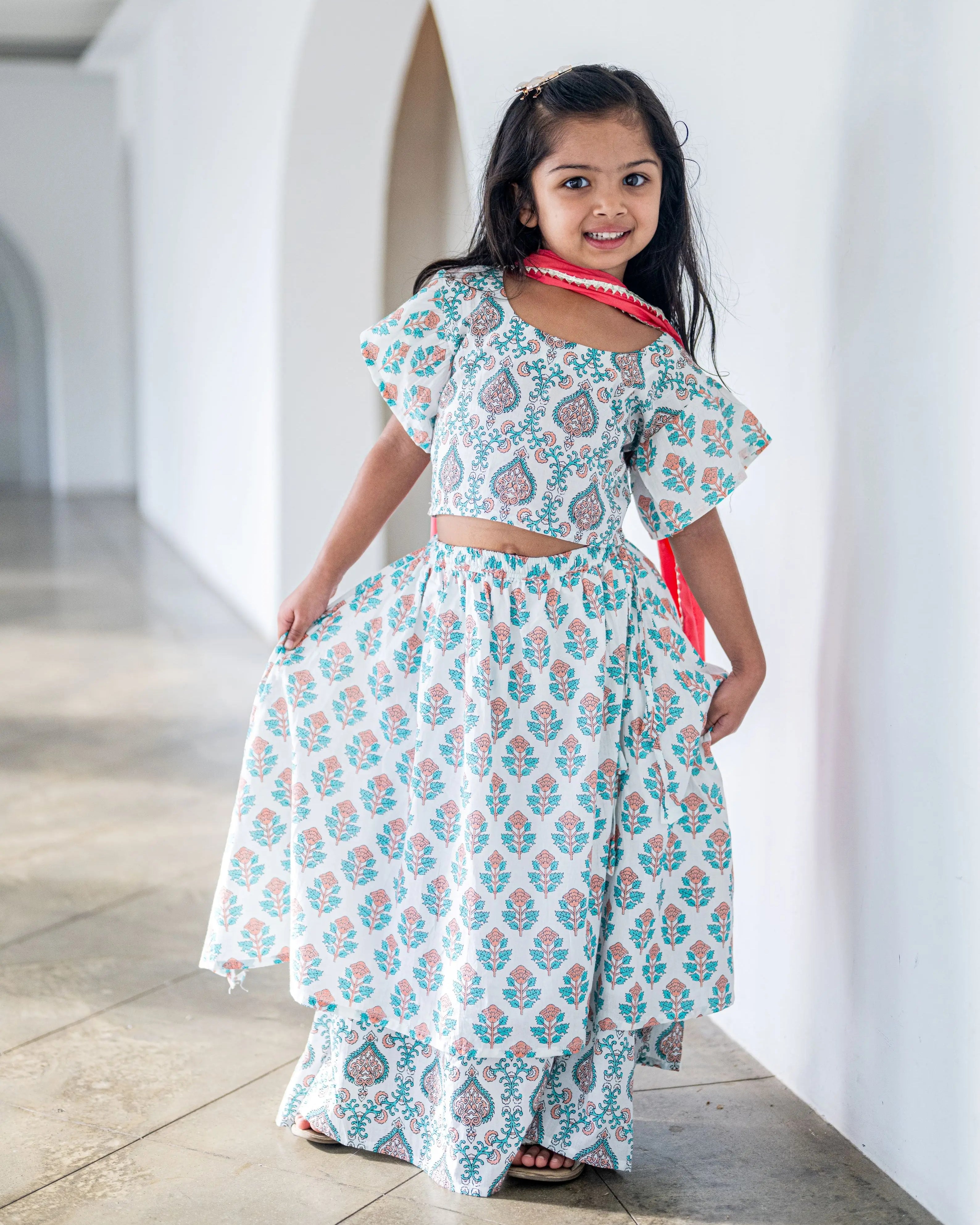 Jaipur Floral Girls Lehenga Skirt Blouse in White & Pink Nimbu