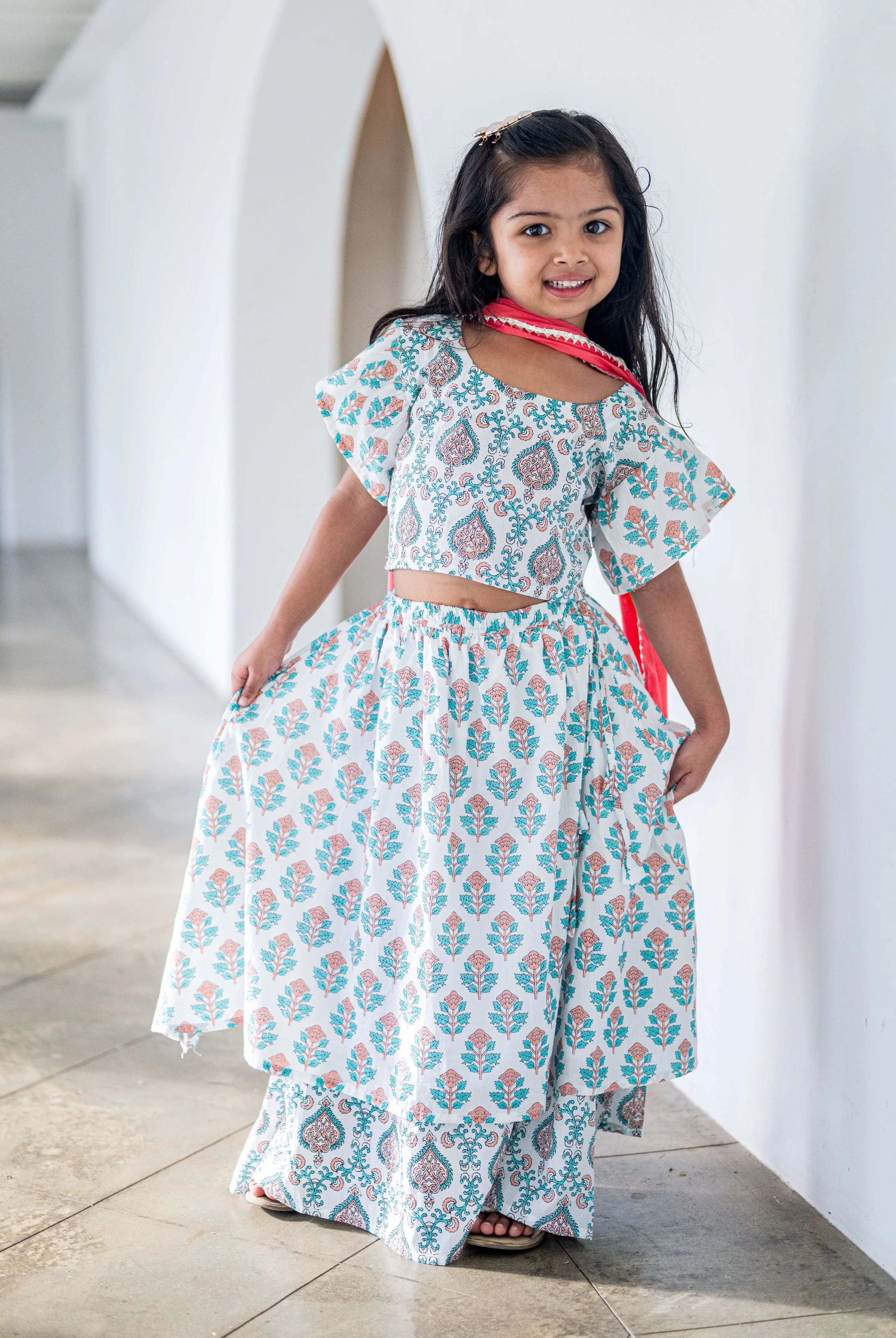 Jaipur Floral Girls Lehenga Skirt Blouse in White & Pink Nimbu