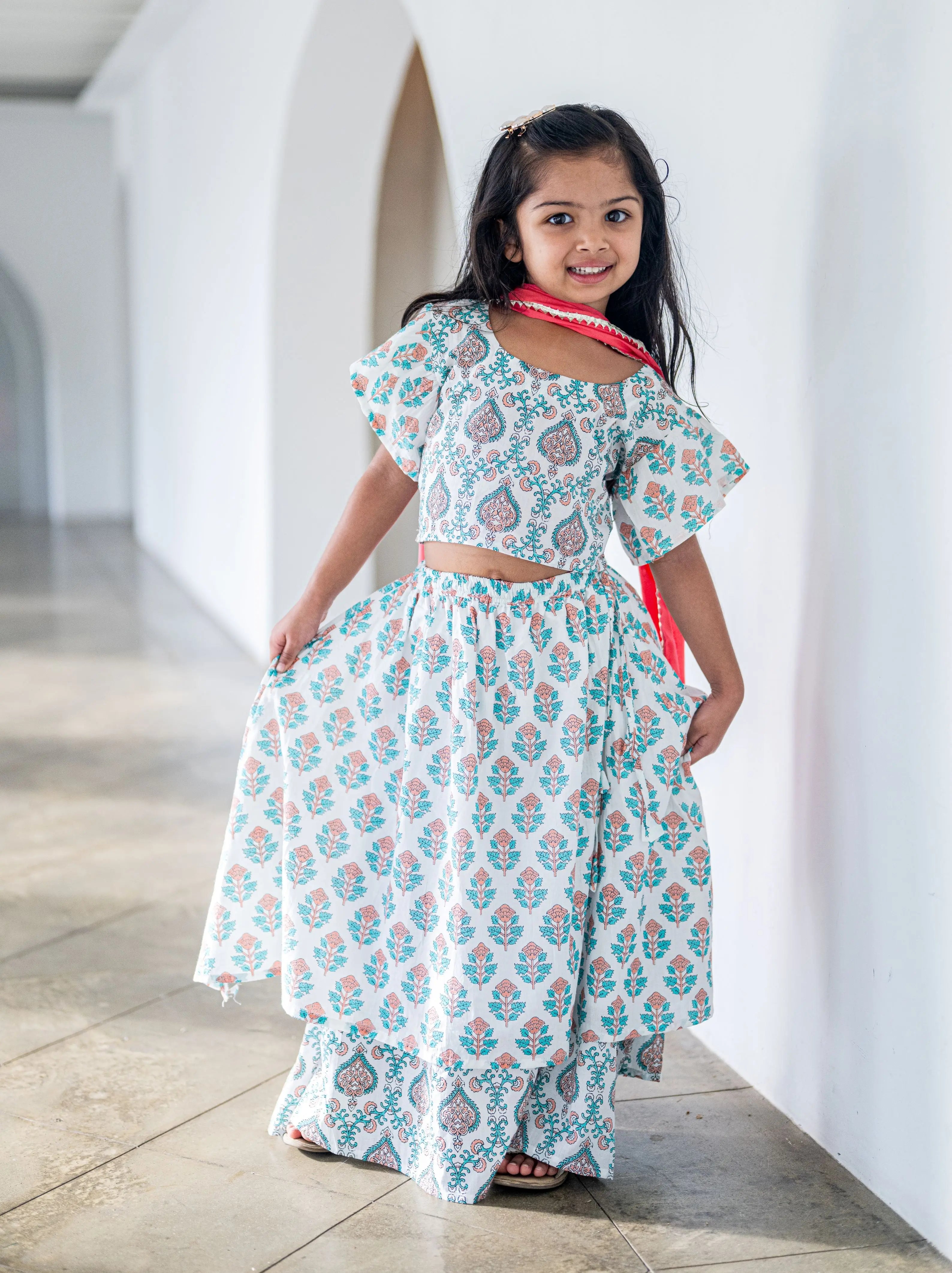 Jaipur Floral Girls Lehenga Skirt Blouse in White & Pink Nimbu