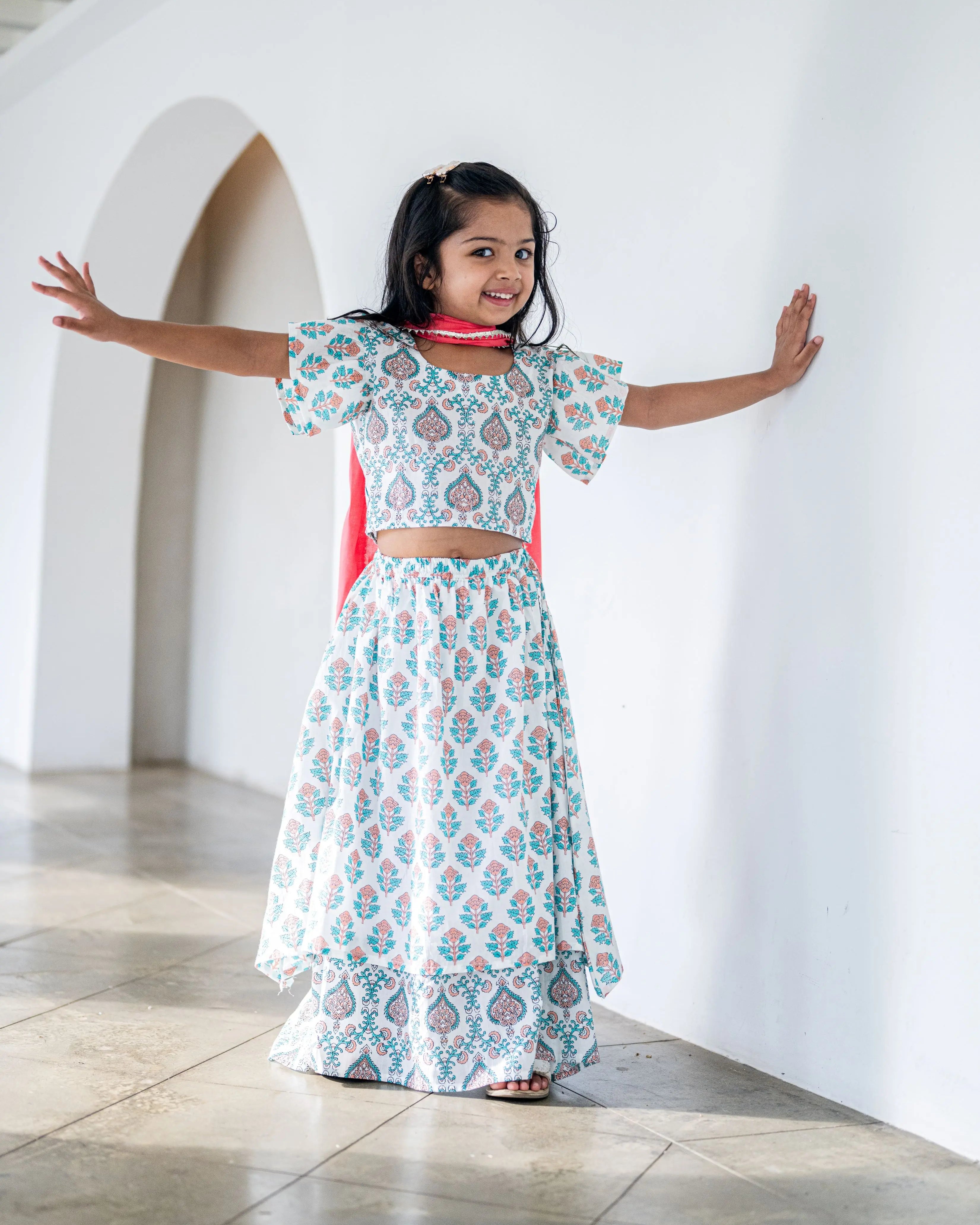 Jaipur Floral Girls Lehenga Skirt Blouse in White & Pink Nimbu