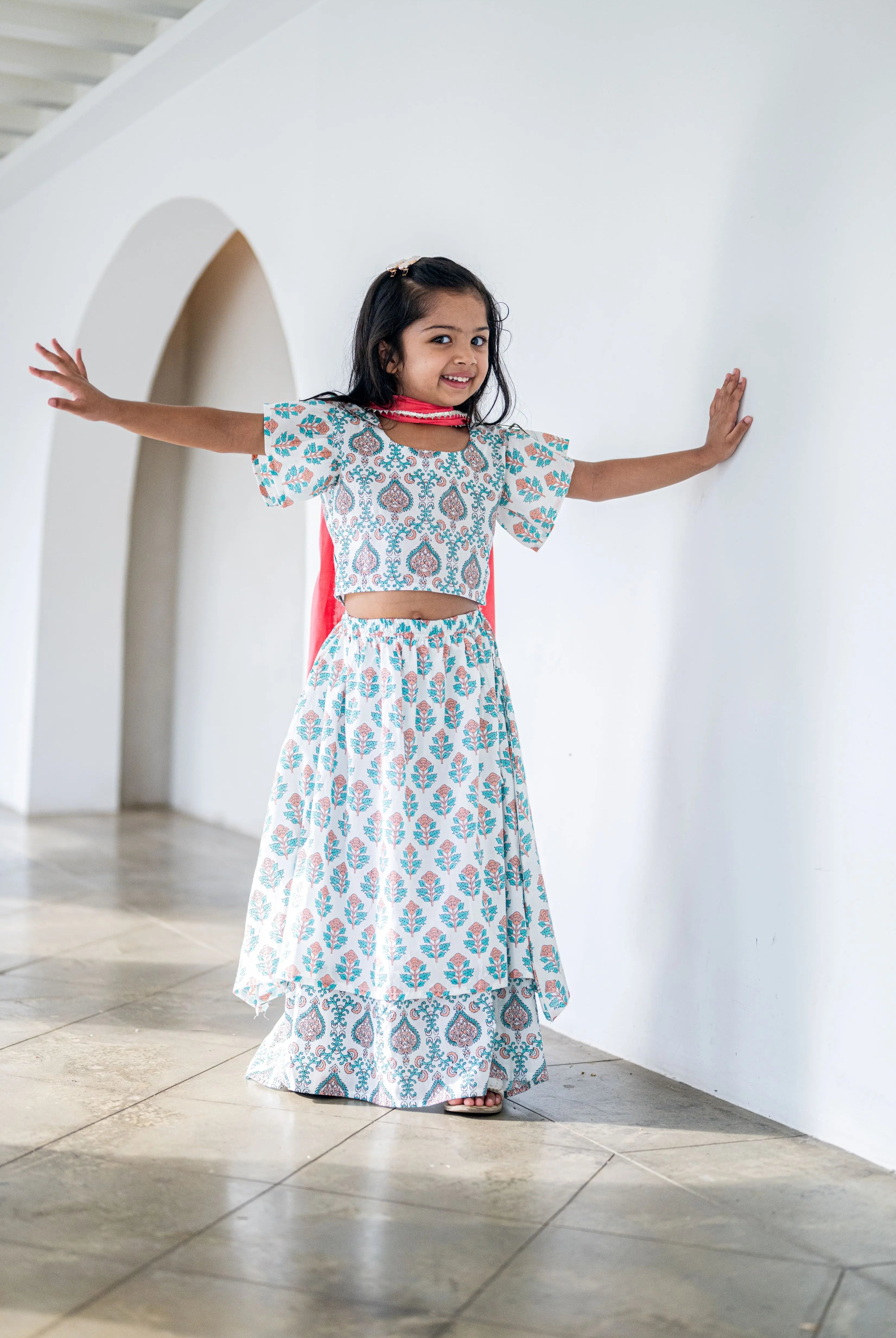 Jaipur Floral Girls Lehenga Skirt Blouse in White & Pink Nimbu