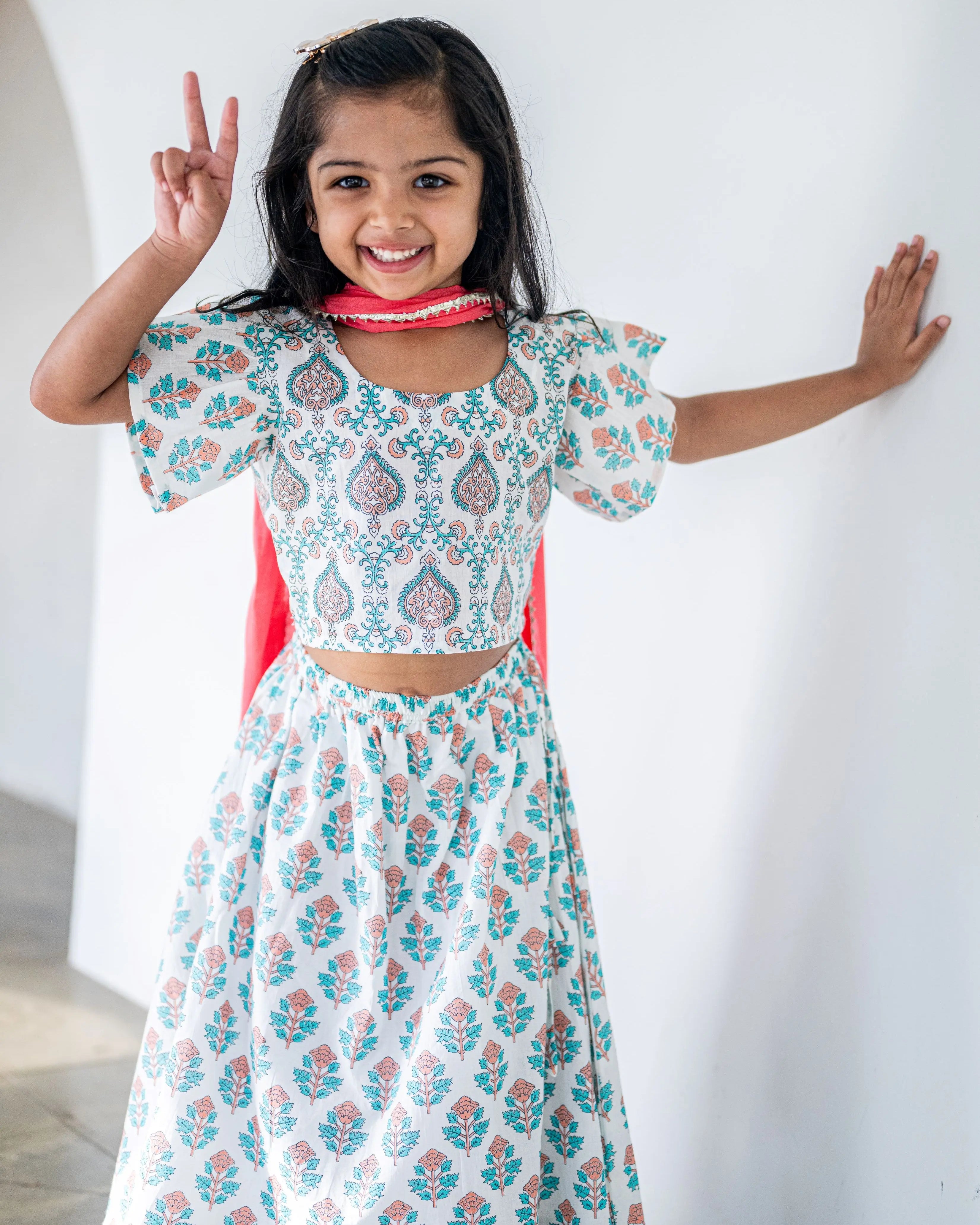 Jaipur Floral Girls Lehenga Skirt Blouse in White & Pink Nimbu