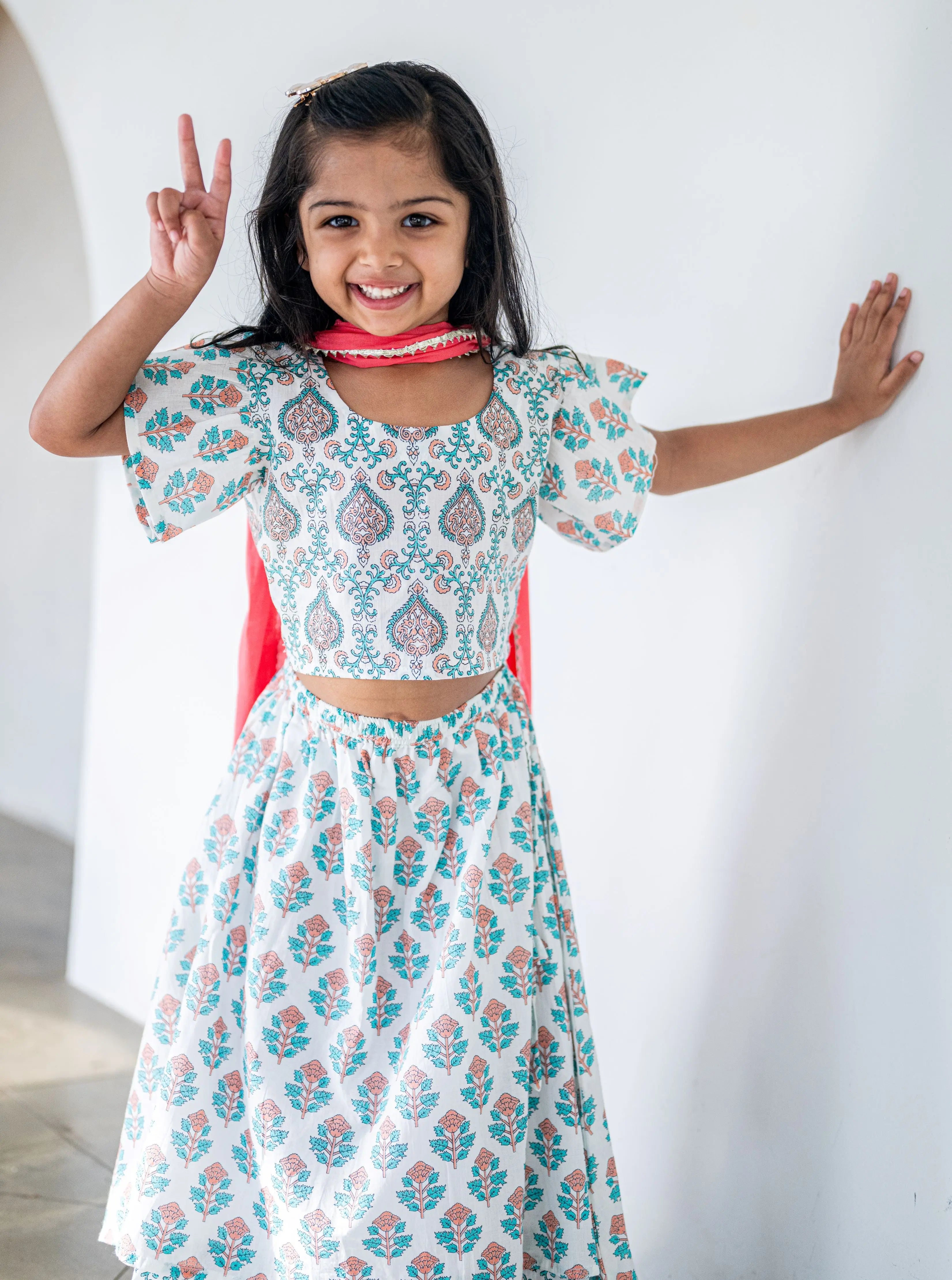 Jaipur Floral Girls Lehenga Skirt Blouse in White & Pink Nimbu