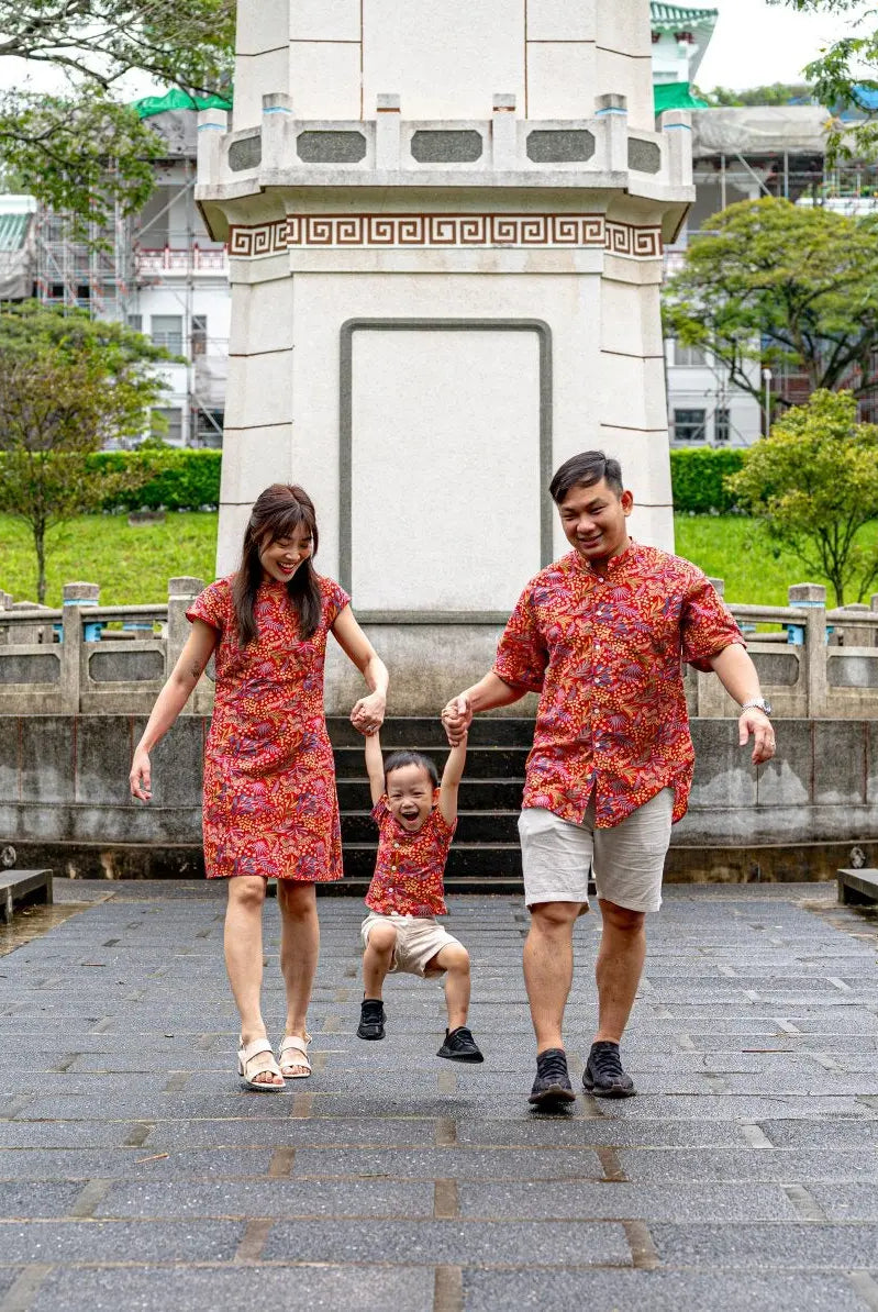 Ruby Blossom Boys Cotton Shirt in Red Floral Nimbu