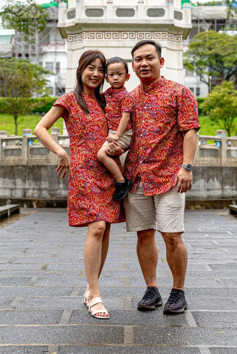 Ruby Blossom Boys Cotton Shirt in Red Floral Nimbu