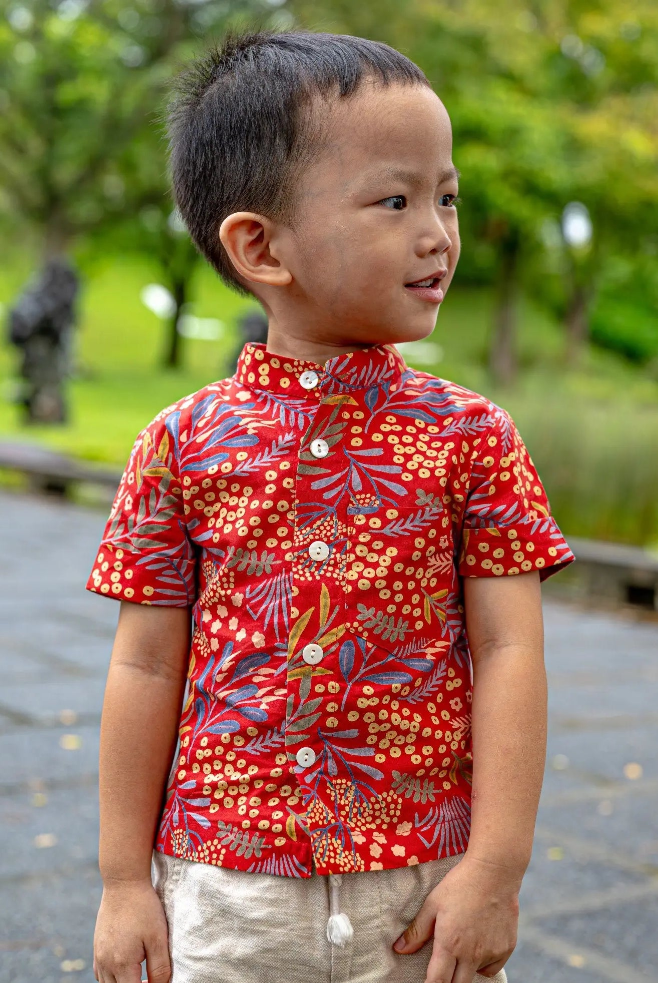 Ruby Blossom Boys Cotton Shirt in Red Floral Nimbu