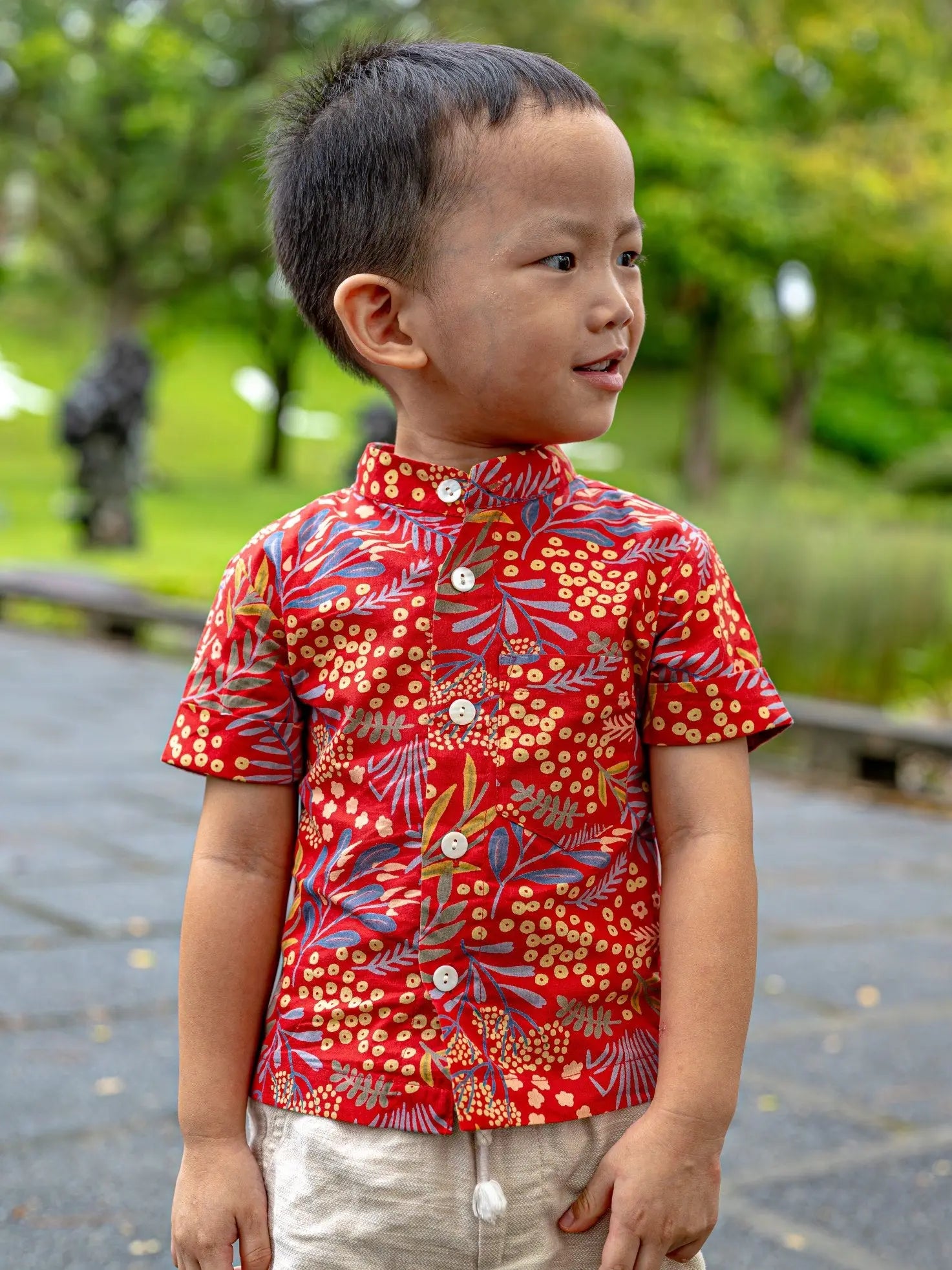 Ruby Blossom Boys Cotton Shirt in Red Floral Nimbu