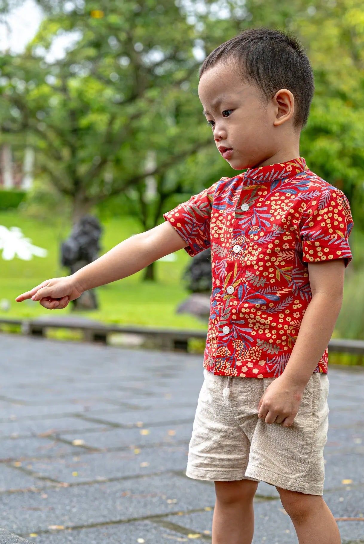 Ruby Blossom Boys Cotton Shirt in Red Floral Nimbu