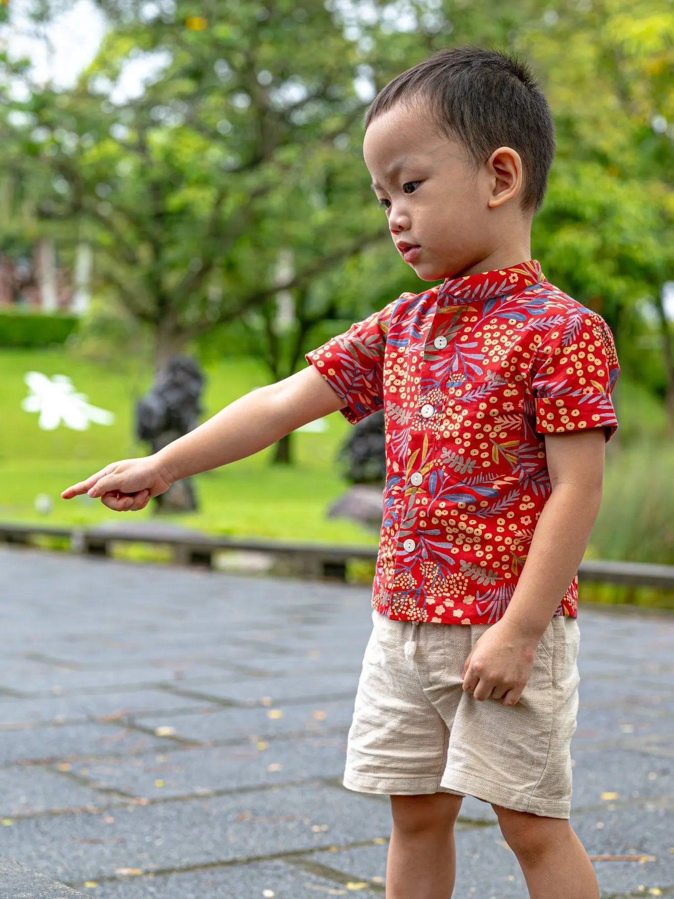 Ruby Blossom Boys Cotton Shirt in Red Floral Nimbu